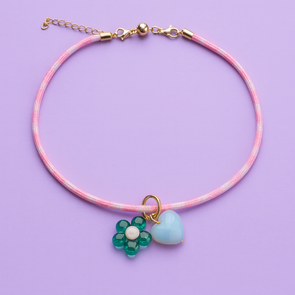 Cord Necklace - Pink w/ Flower + Heart Charms - Blakely