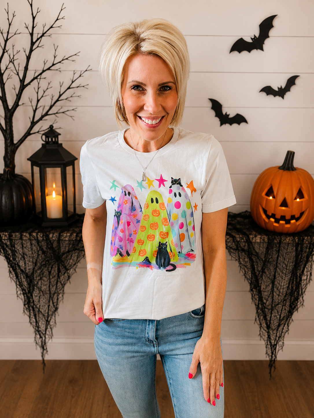 Trick or Treat Ghost Silver Halloween Seasonal Graphic Tee