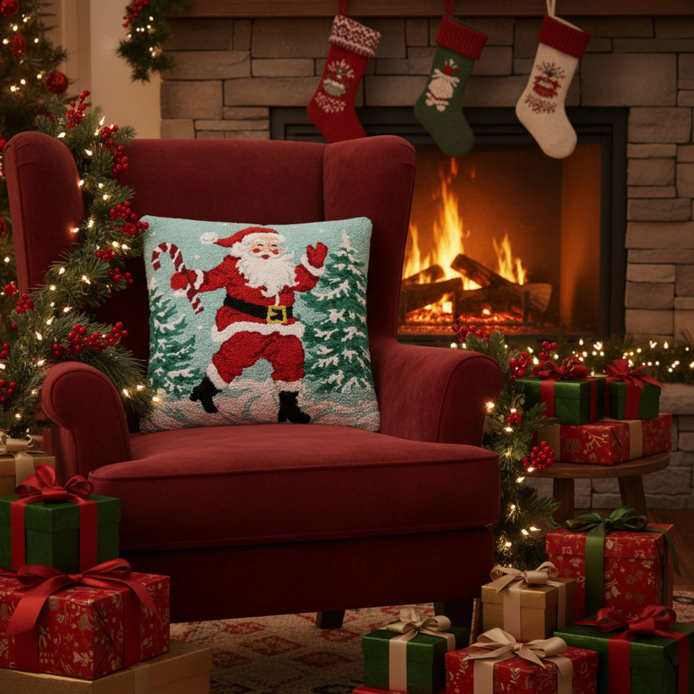 Santa w/Candy Cane Hook Pillow