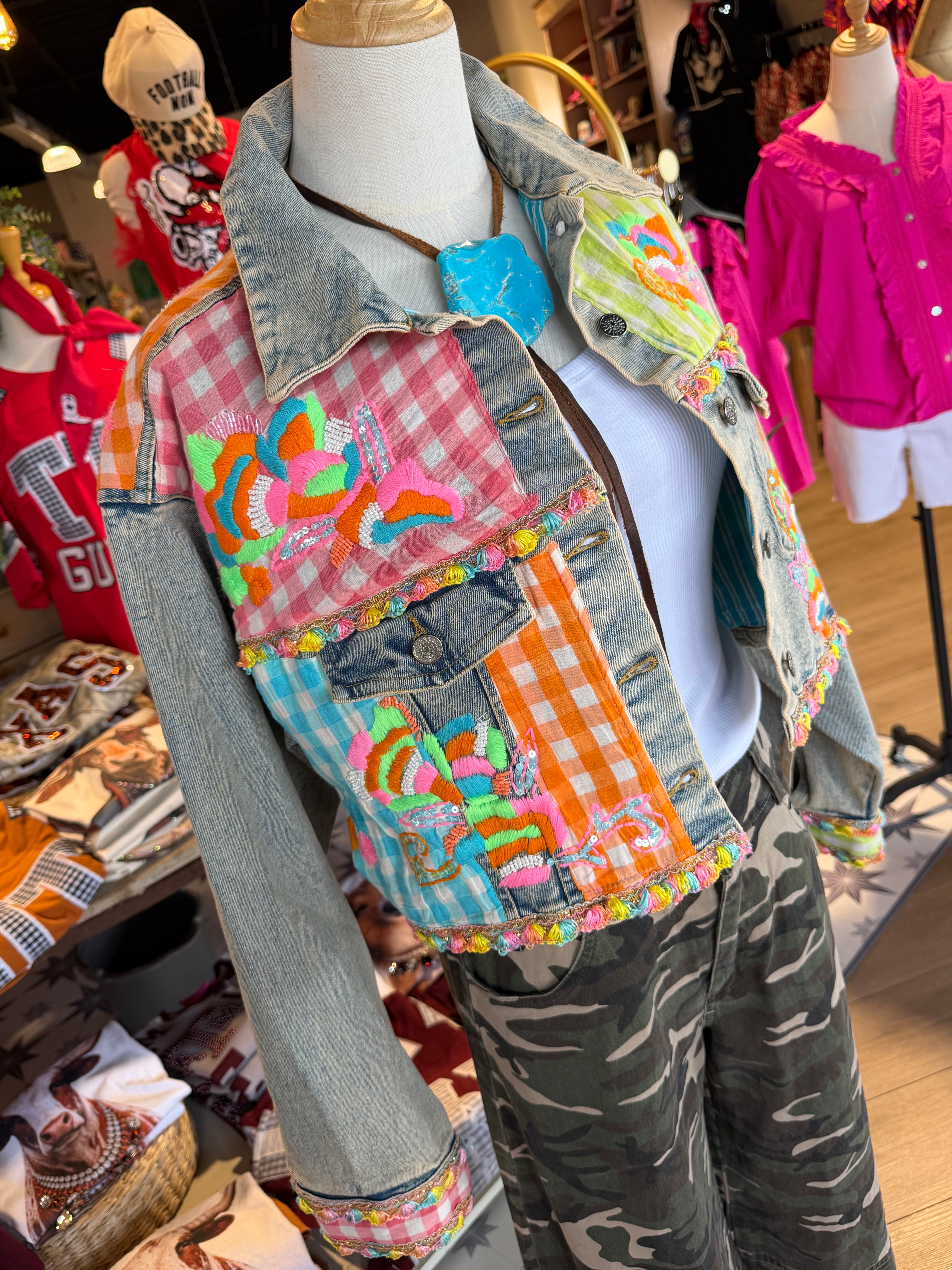 Plaid Contrast Embroidery Denim Jacket