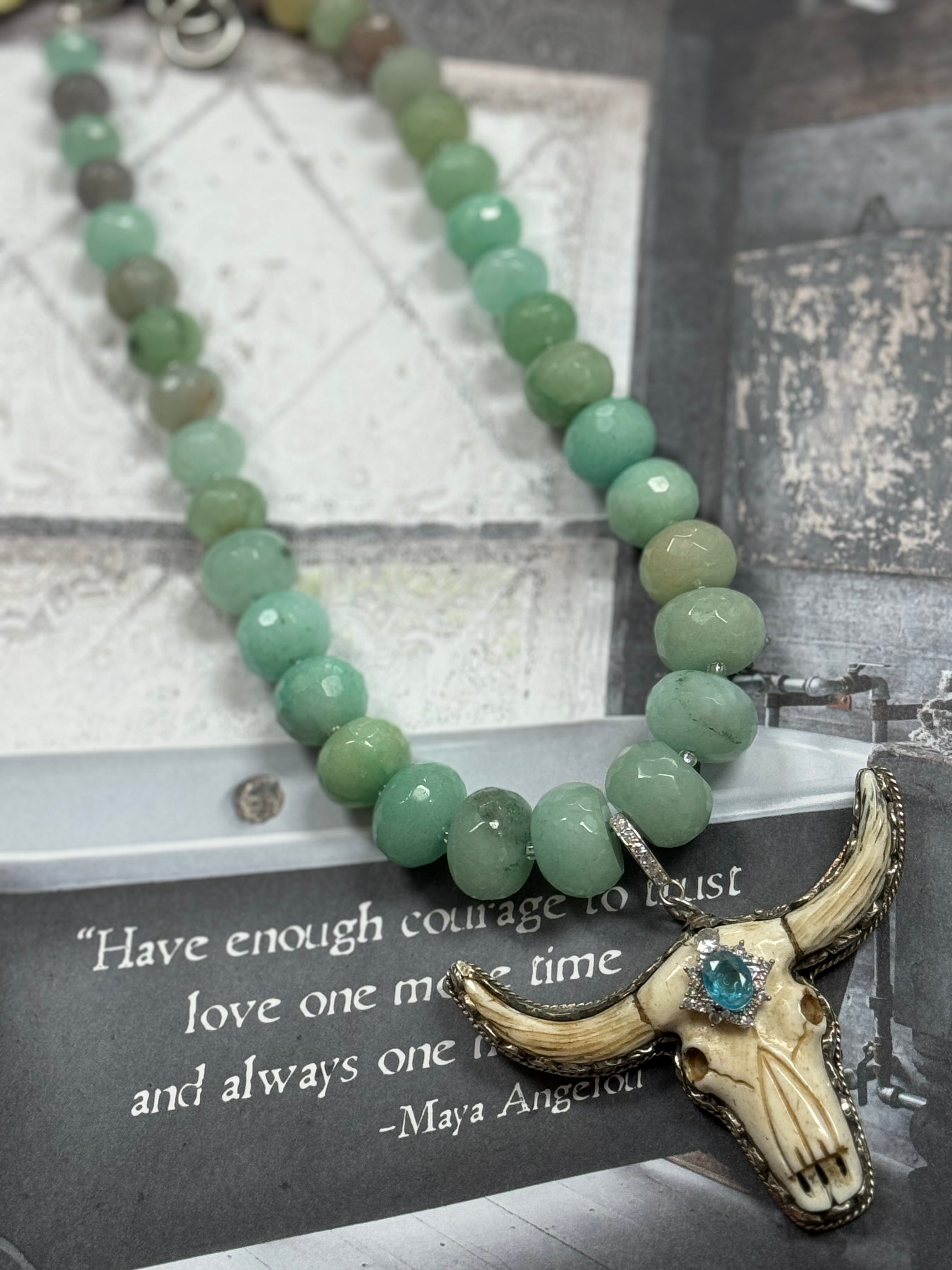 Tourmaline Bone & Silver Steer Necklace