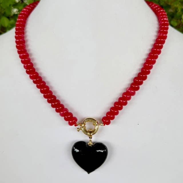 Red Beaded + Black Heart Necklace