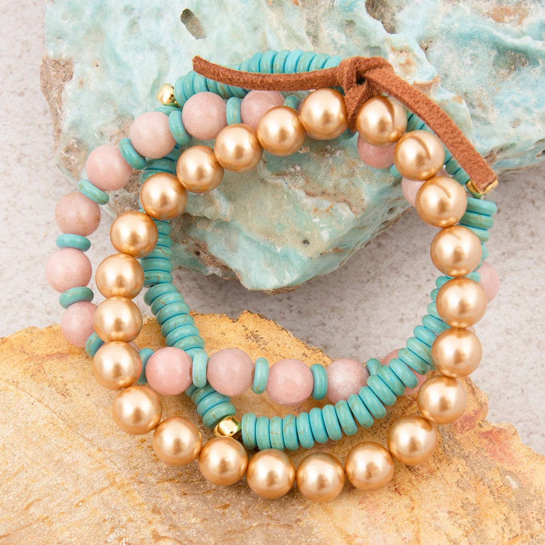 Cactus Rose Pink Opal Blue Turquoise Golden Stretch Bracelet Set