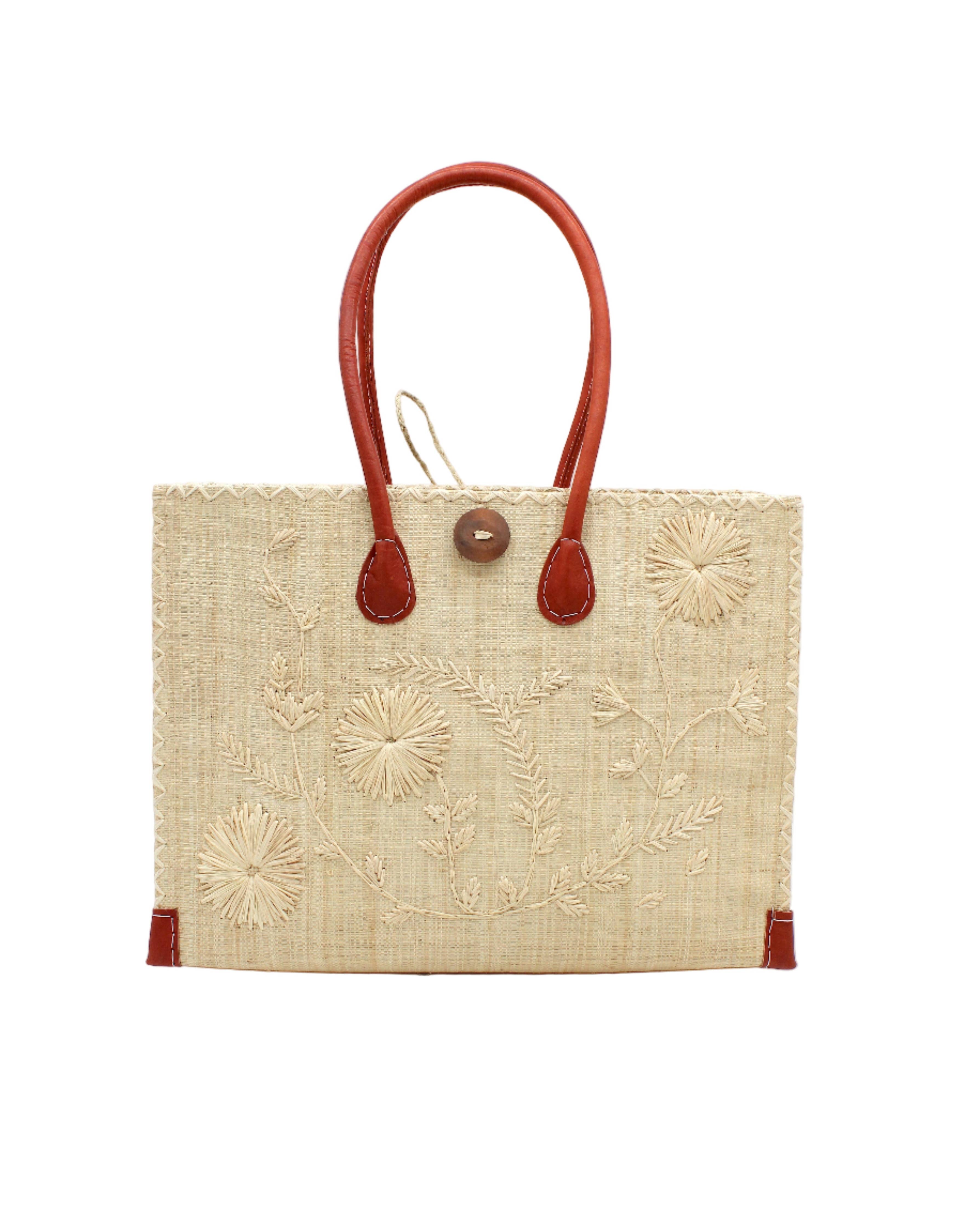 Zafran Small Embroidered Raffia Straw Beach Bag