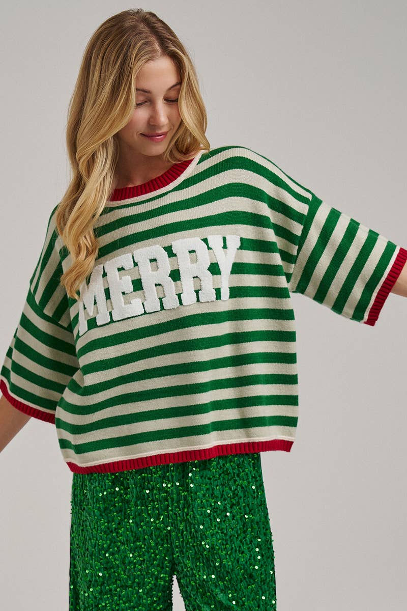 CHRISTMAS MERRY LETTERING STRIPE SWEATER