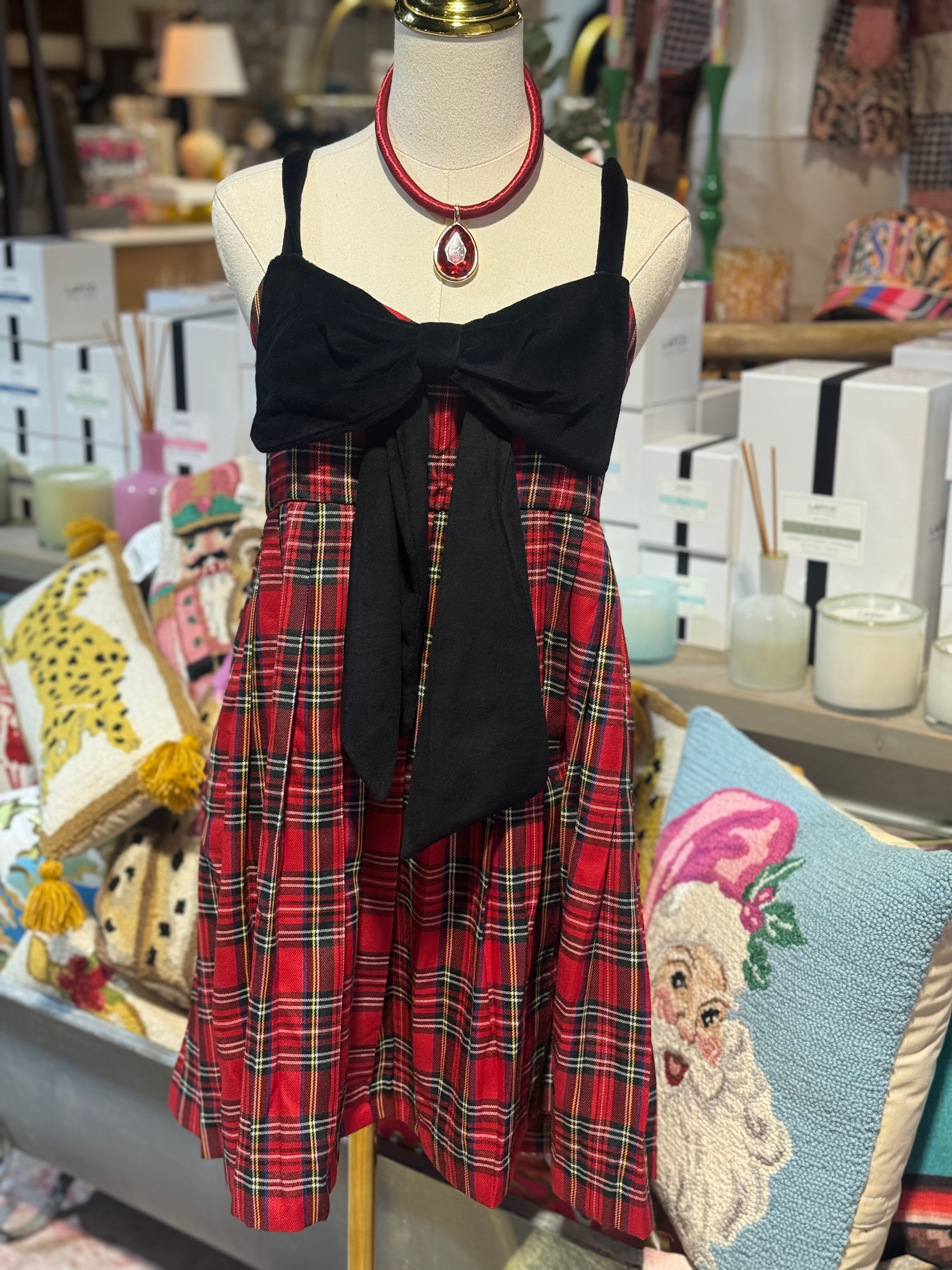 Plaid Velvet Bow Mini Dress