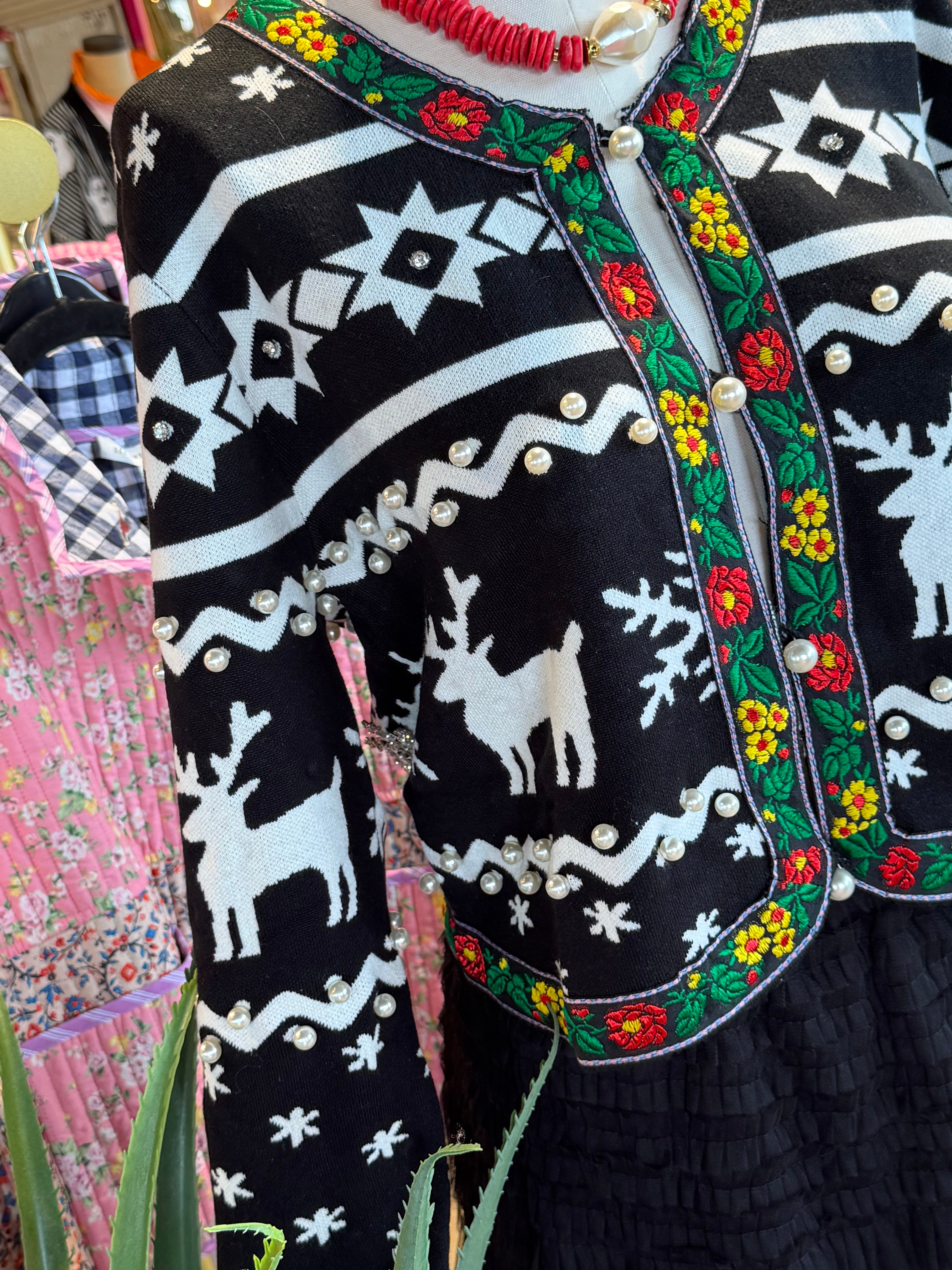 Flower Trim Reindeer Cardigan