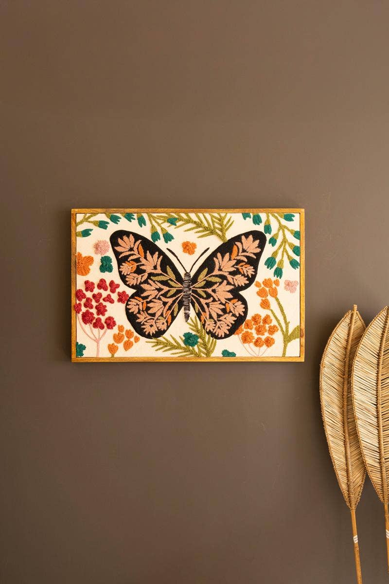 FRAMED HAND-HOOKED ART WITH BUTTERFLY AND FLOWERS