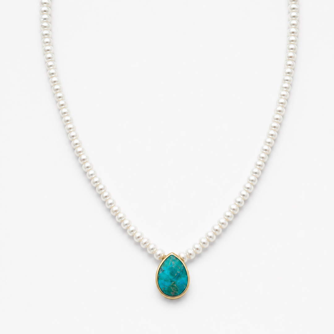 Turquoise Bezel stone Pearl Necklace
