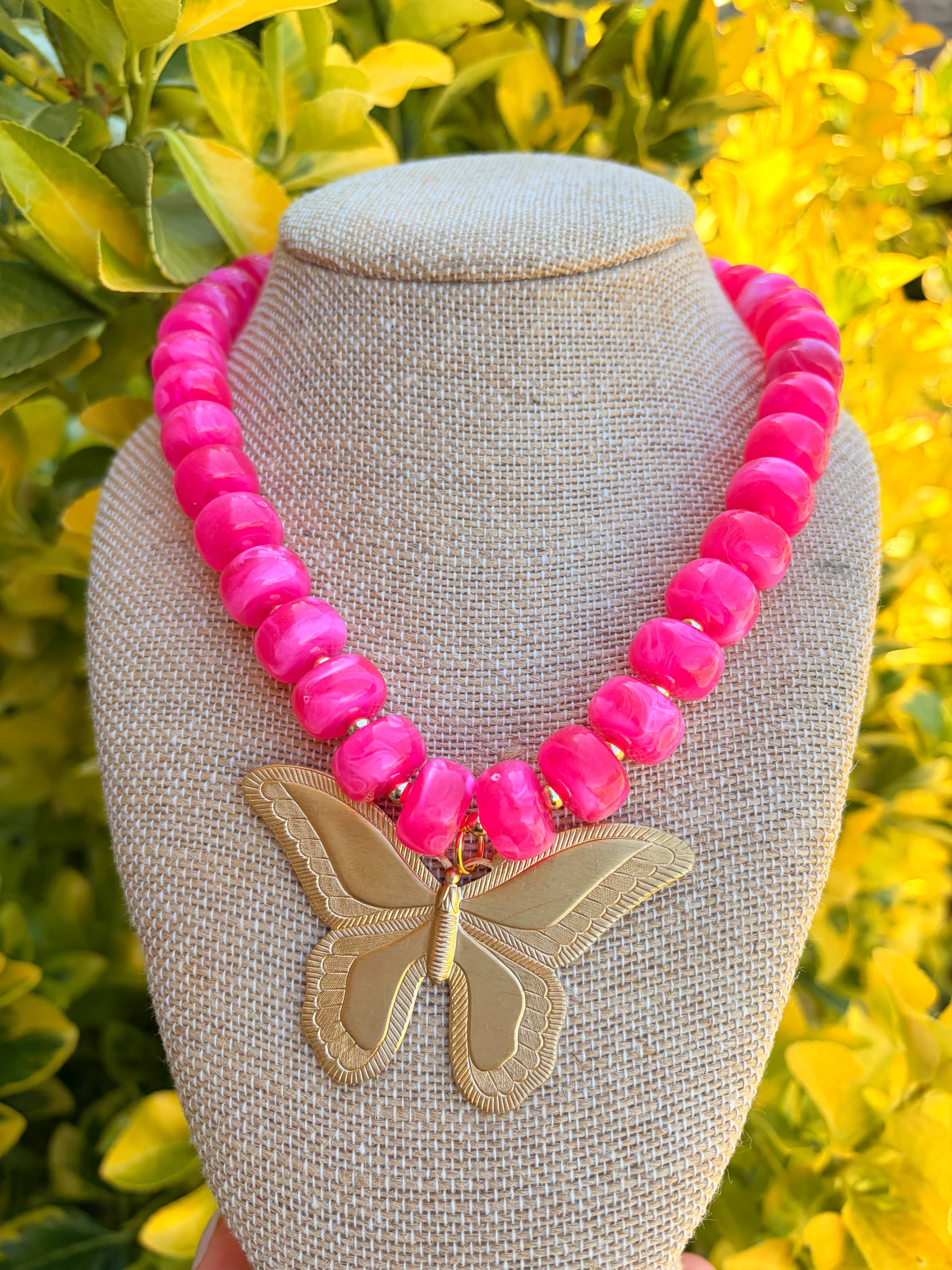 Pink Round Bead + Butterfly Necklace