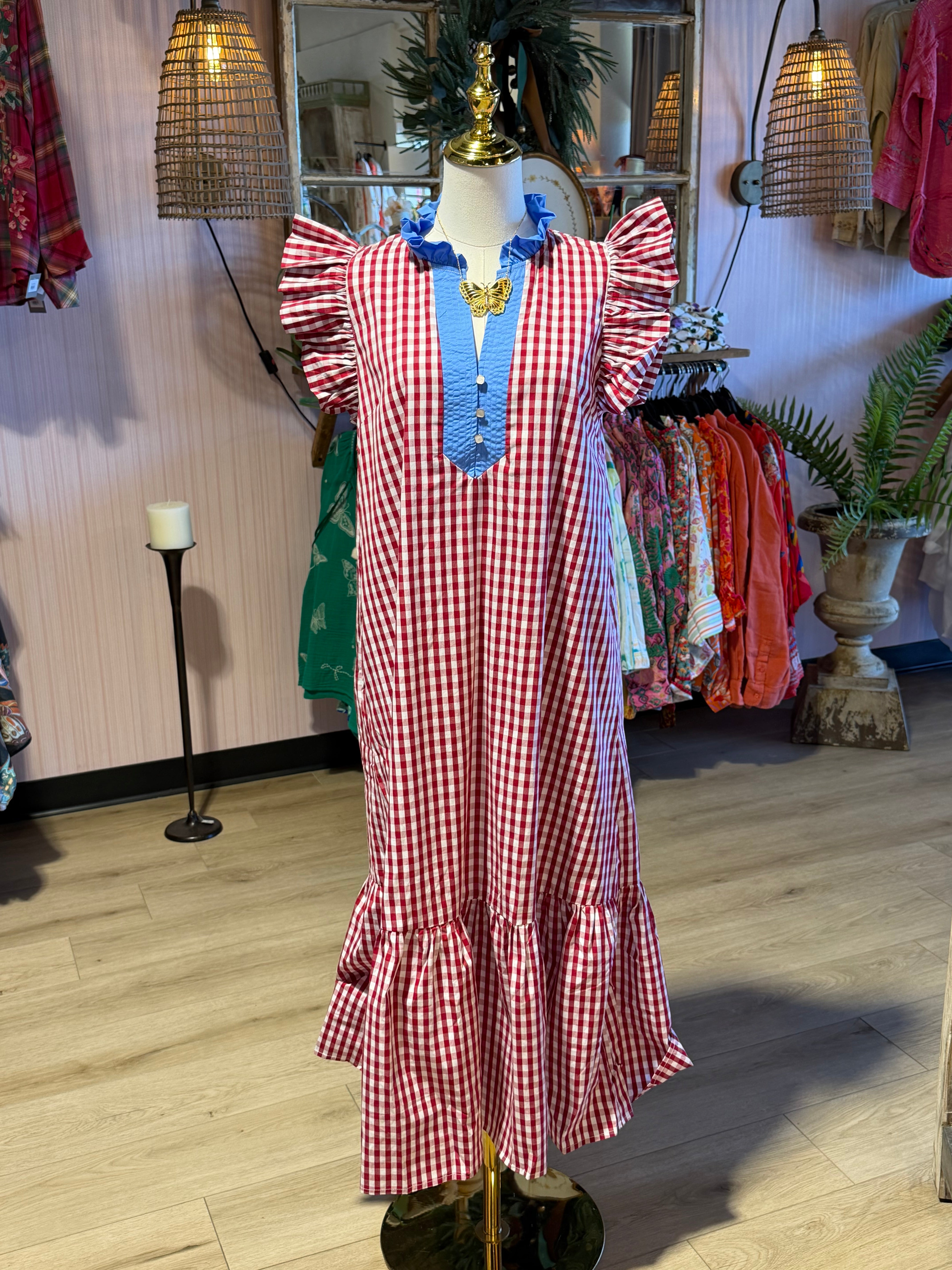 New Gingham flutter sleeve midi dress RED / L New Gingham flutter sleeve midi dress RED / L