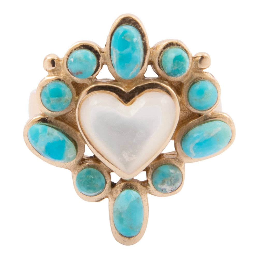 Hearts Surround Blue Turquoise and White Mother of Pearl Golden Ring