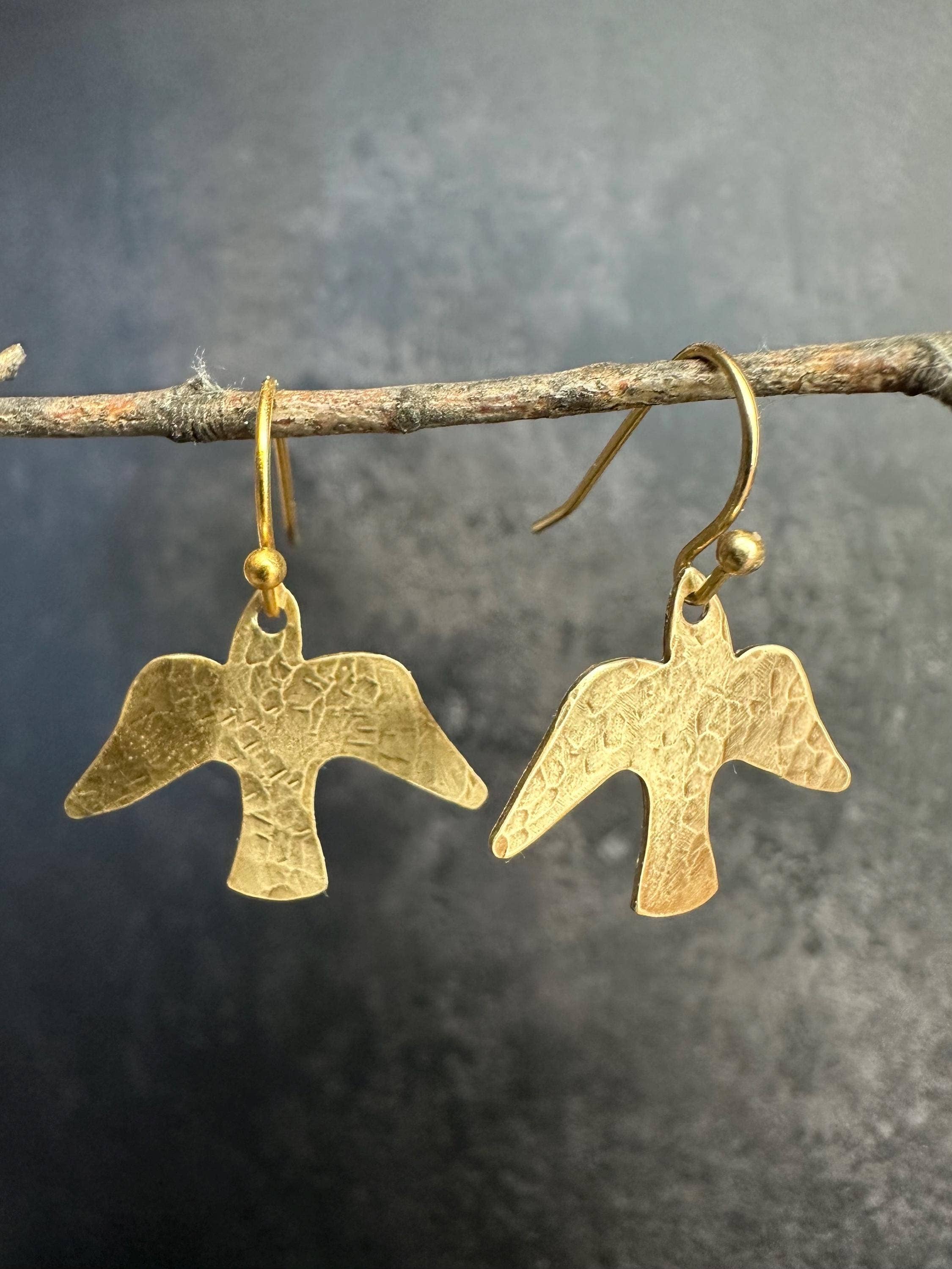 Minimal Bird Earrings - Small Hammered Brass Sparrow Drops