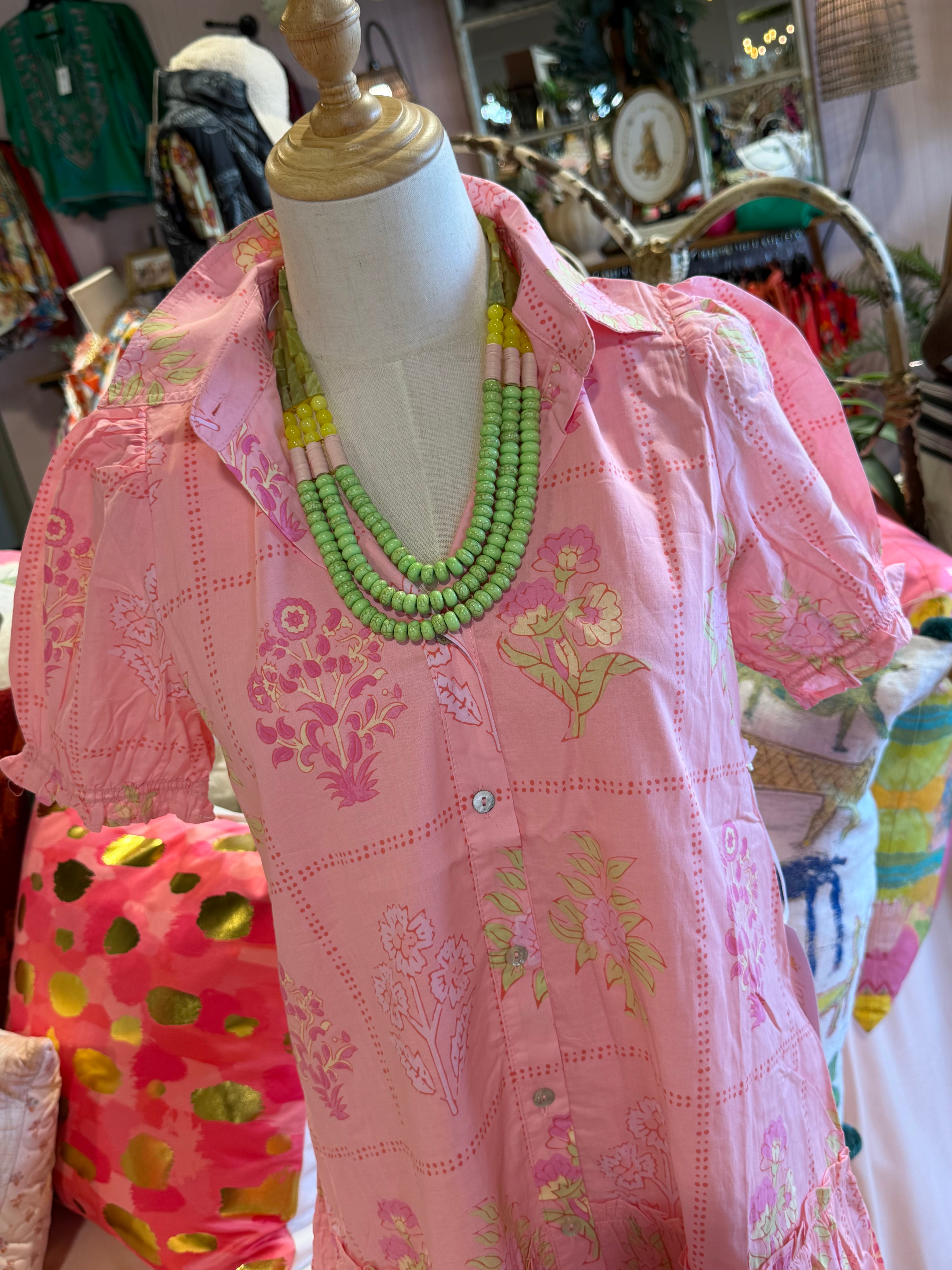 The Emery Collared Button Up Dress - Pink & Green Floral
