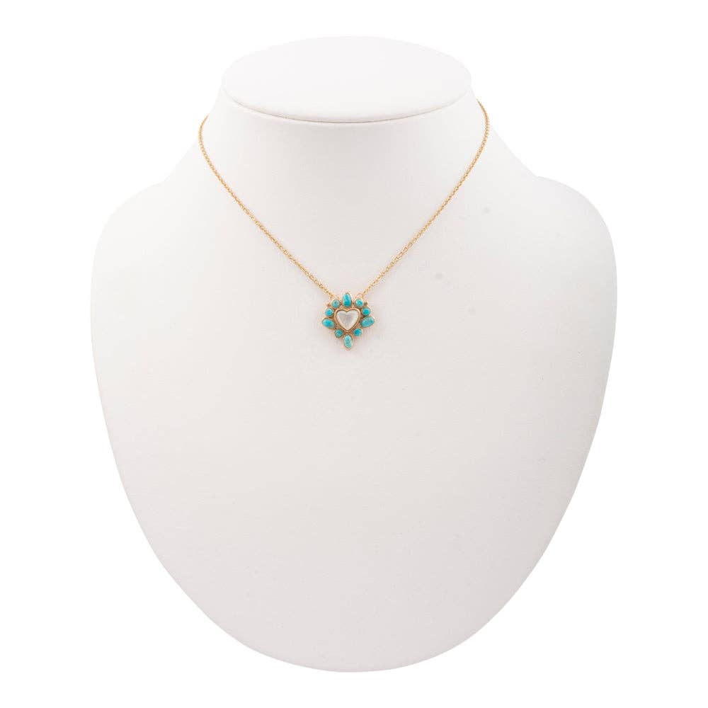 Hearts Surround Blue Turquoise and Mother of Pearl Golden Necklace