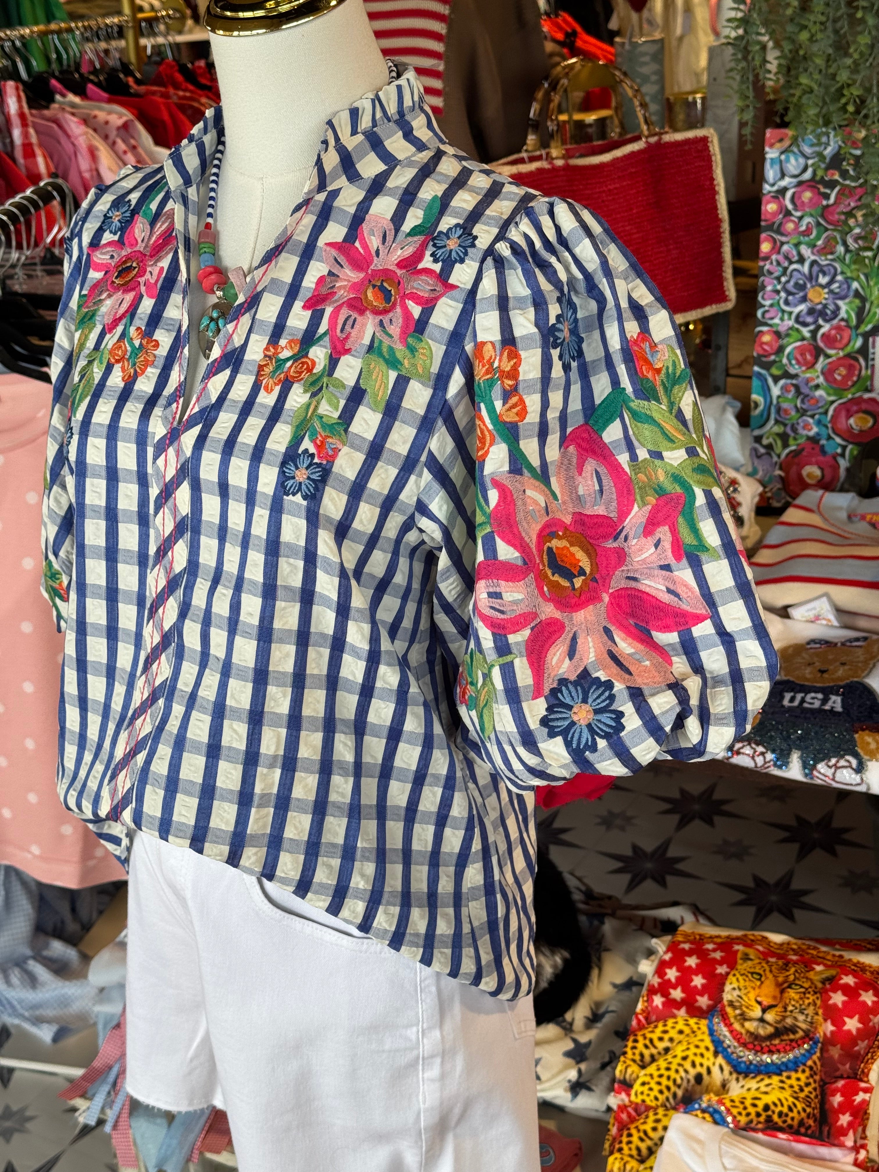 Cheri Floral Embroidery Gingham Top