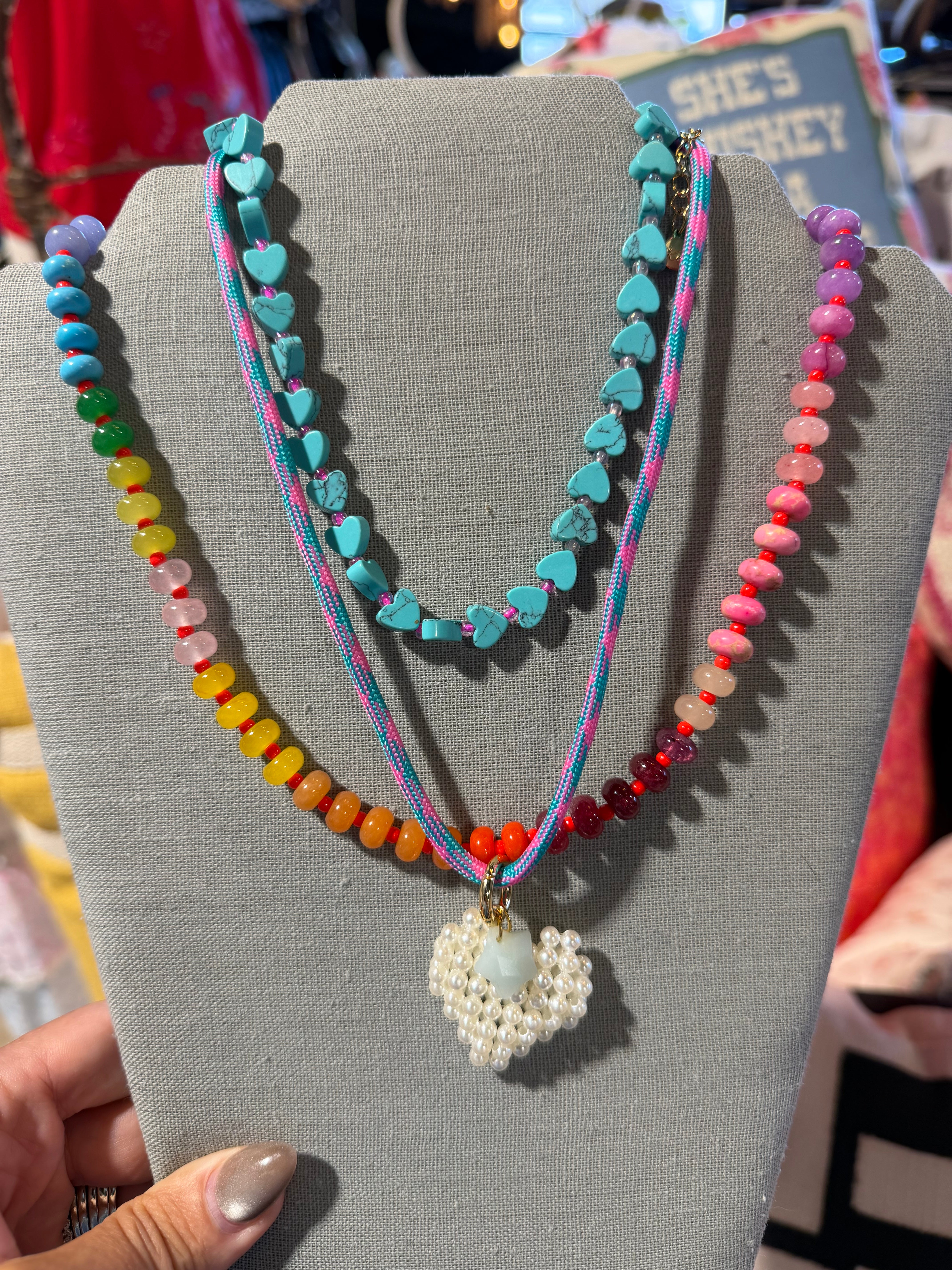 Beaded Necklace - Marbled Turquoise Hearts + Pink - Janey