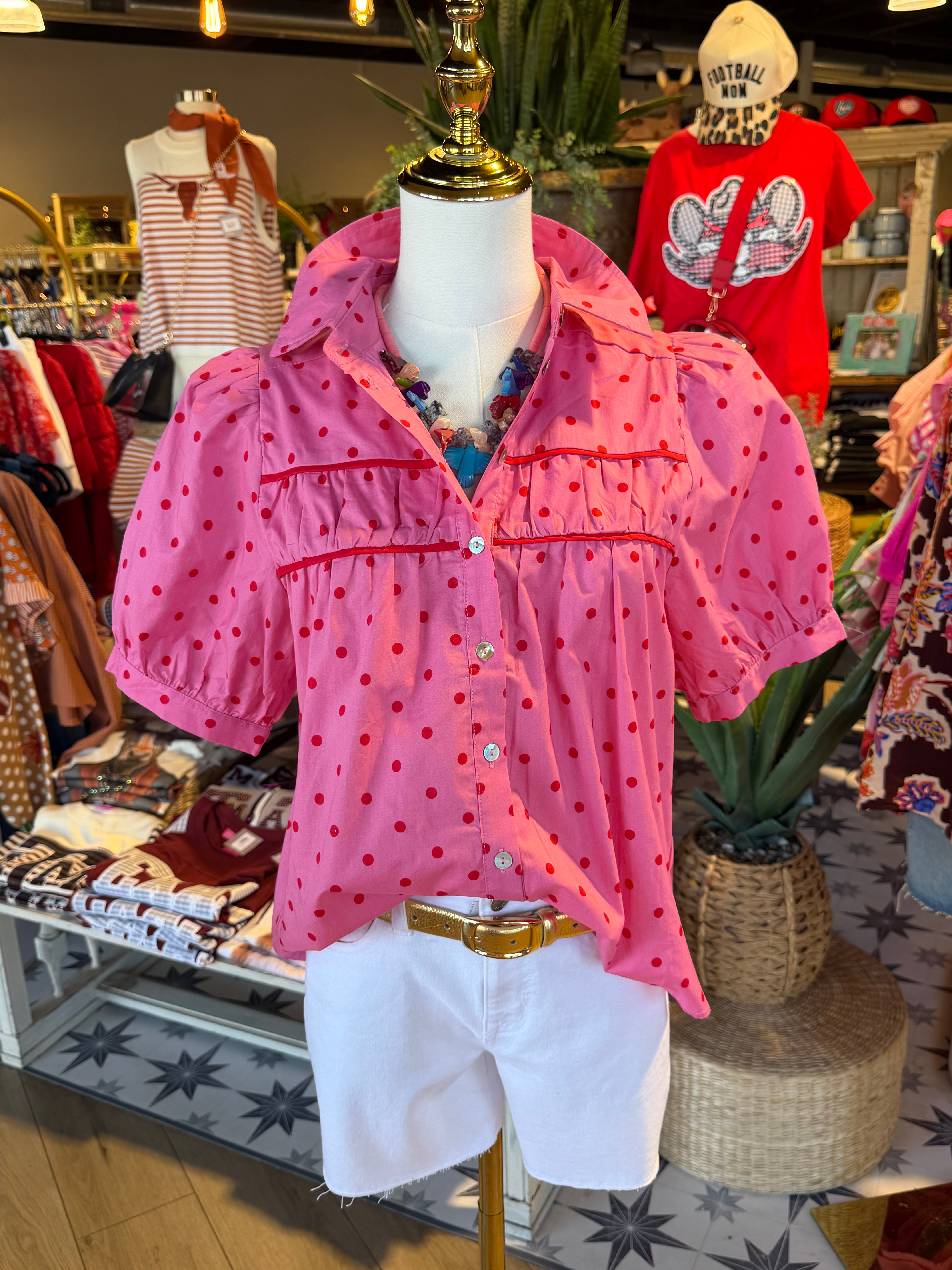 Polka dot puff short sleeve top