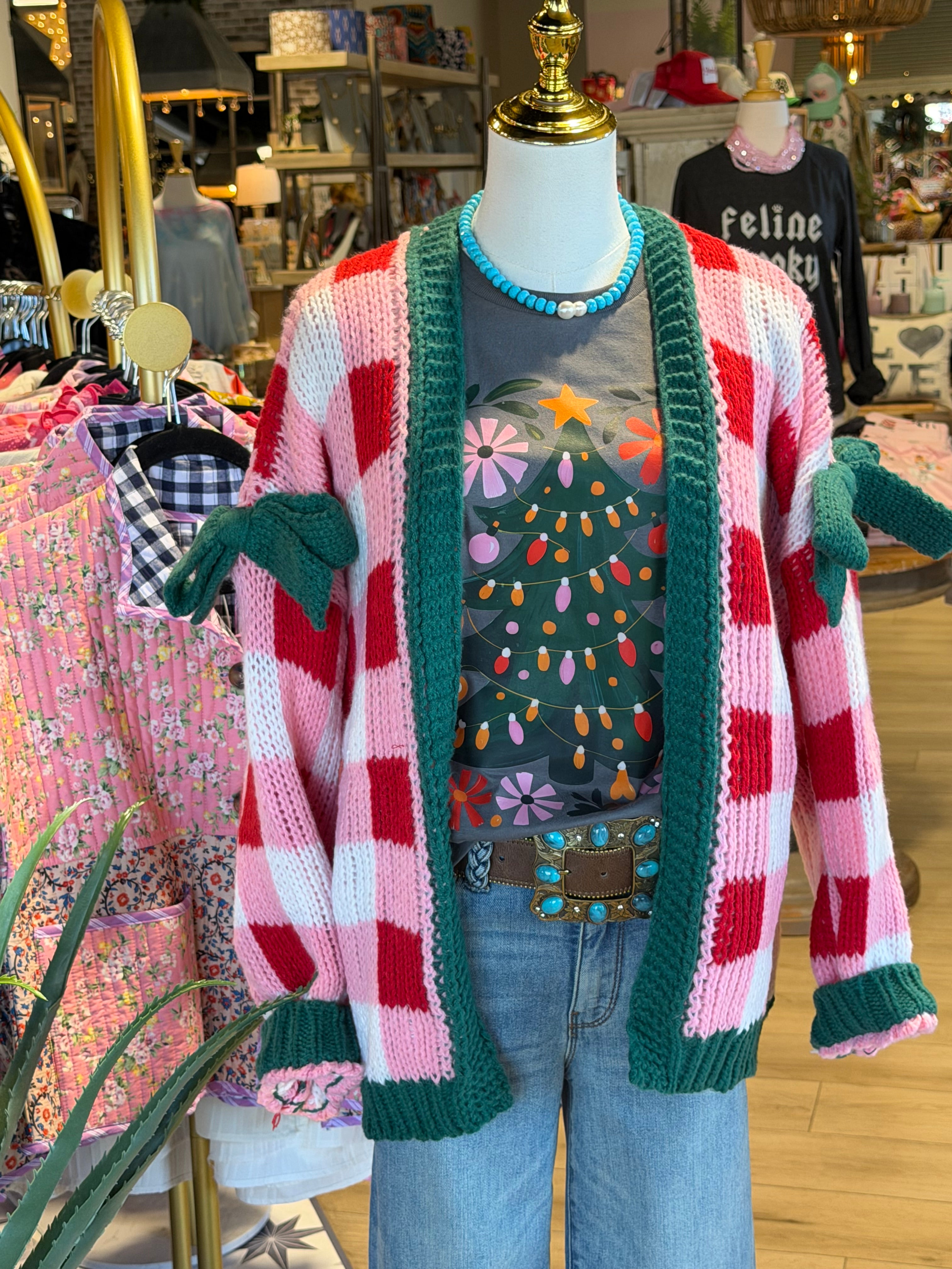 Pink/ Red Check Bow Cardigan