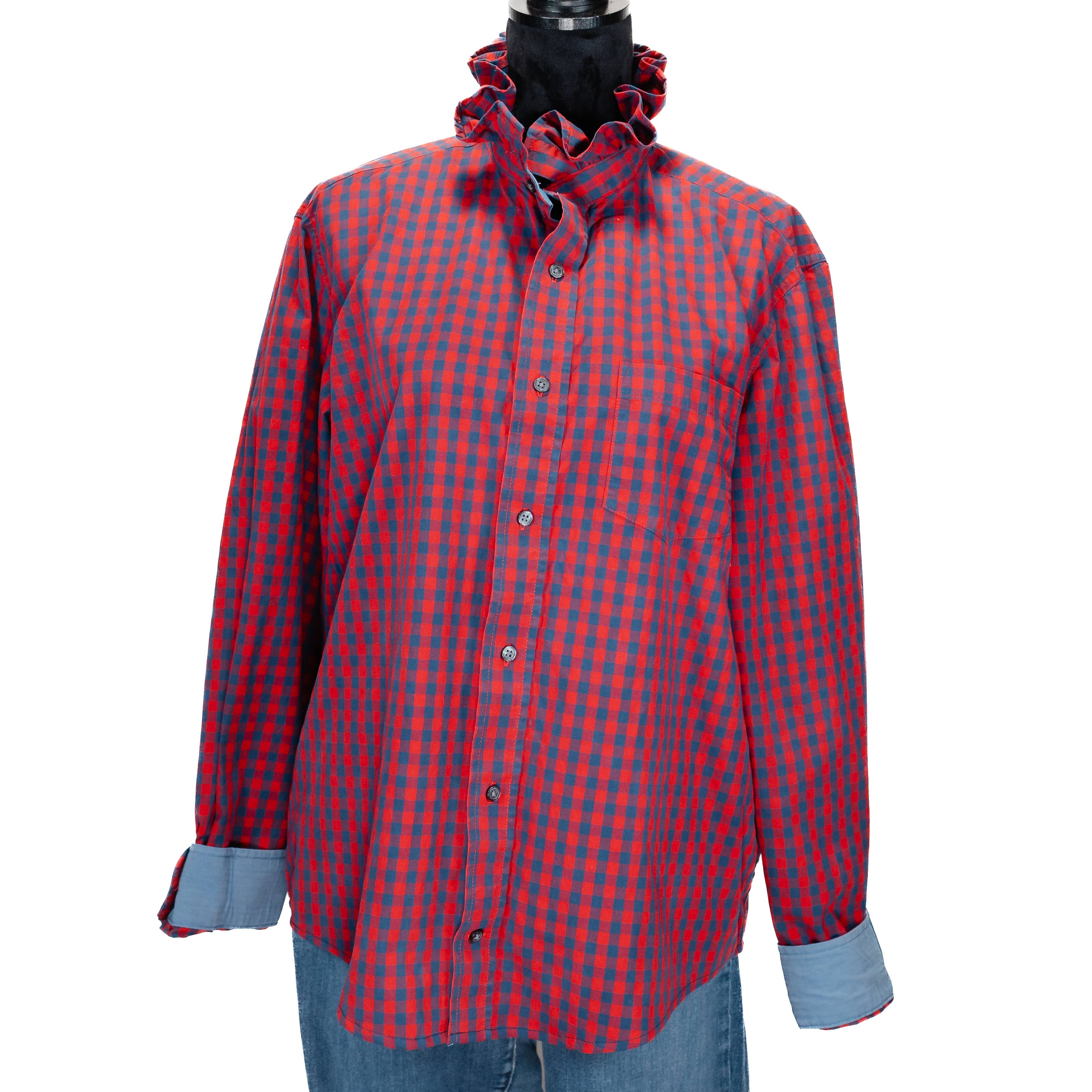 Upcycle Ruffle Collar Women's Shirt Unique Red/Blue Chk  XXL