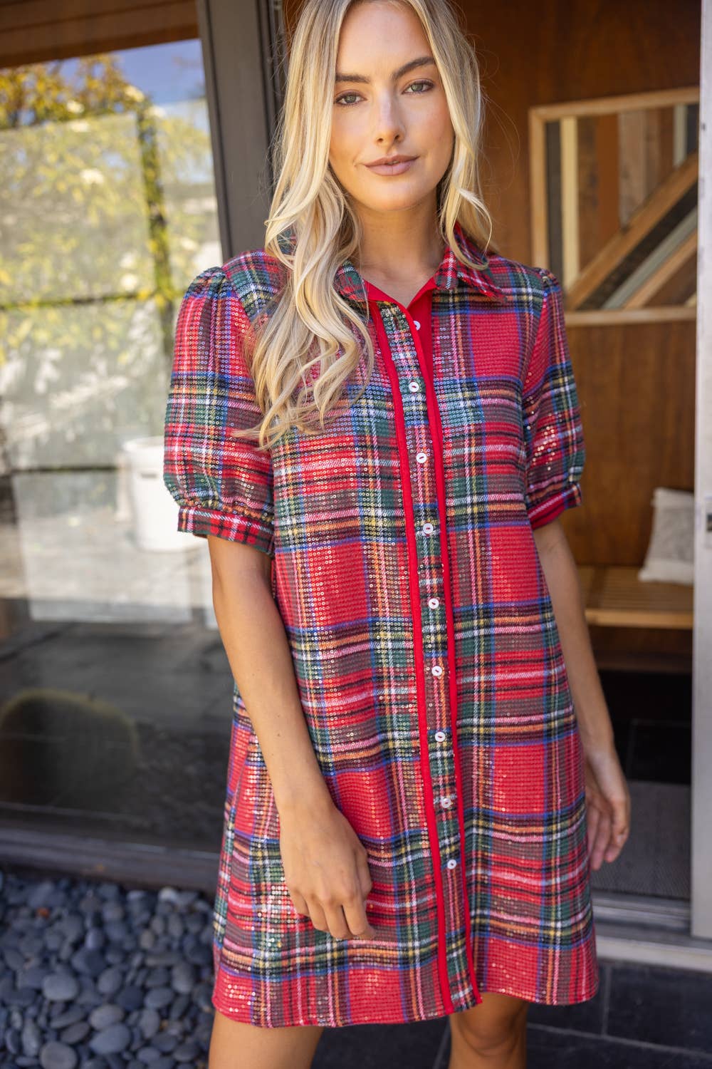 Collared Plaid Sequins Dress