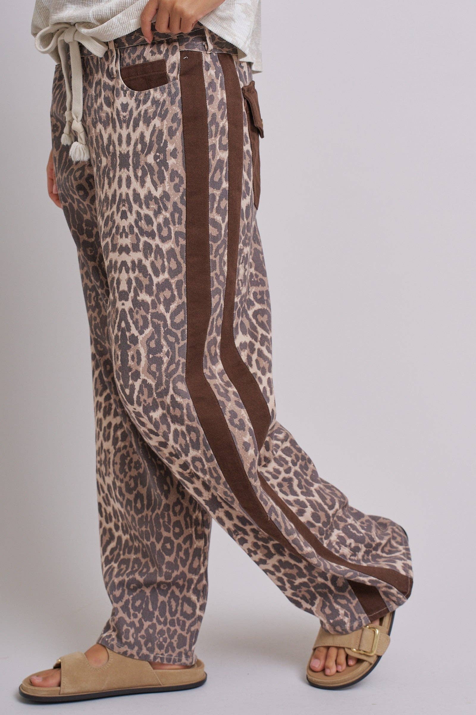 Leopard Print Wide-Leg Pants with Side Stripe