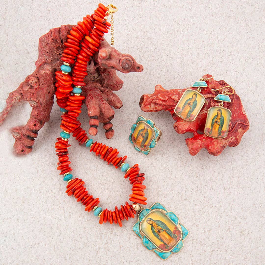 Our Lady of Guadalupe Blue Turquoise and Fiery Orange Golden Pendant Necklace