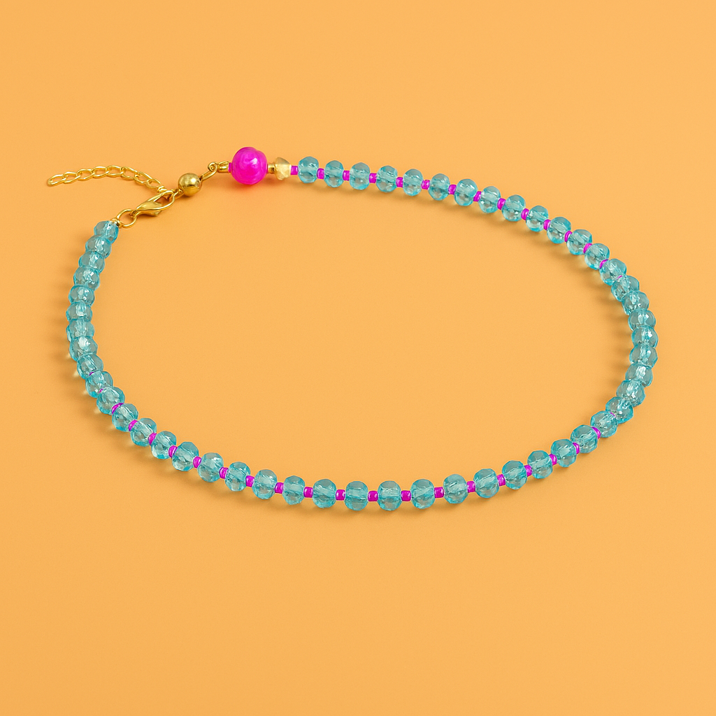 Beaded Necklace - Aqua + Hot Pink Glass Beads - Gigi