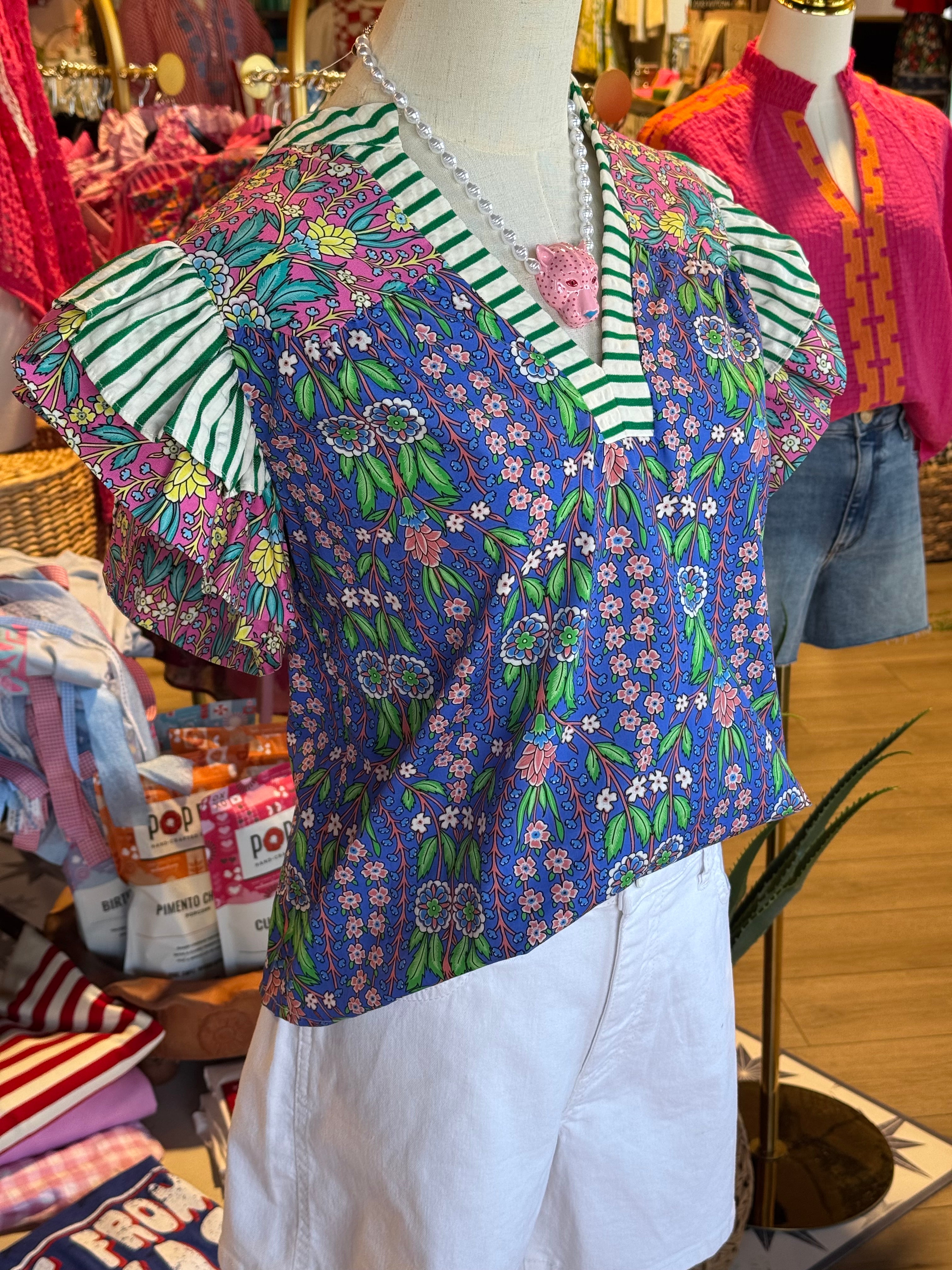 Flutter Sleeve Floral Pattern V-Neck Top