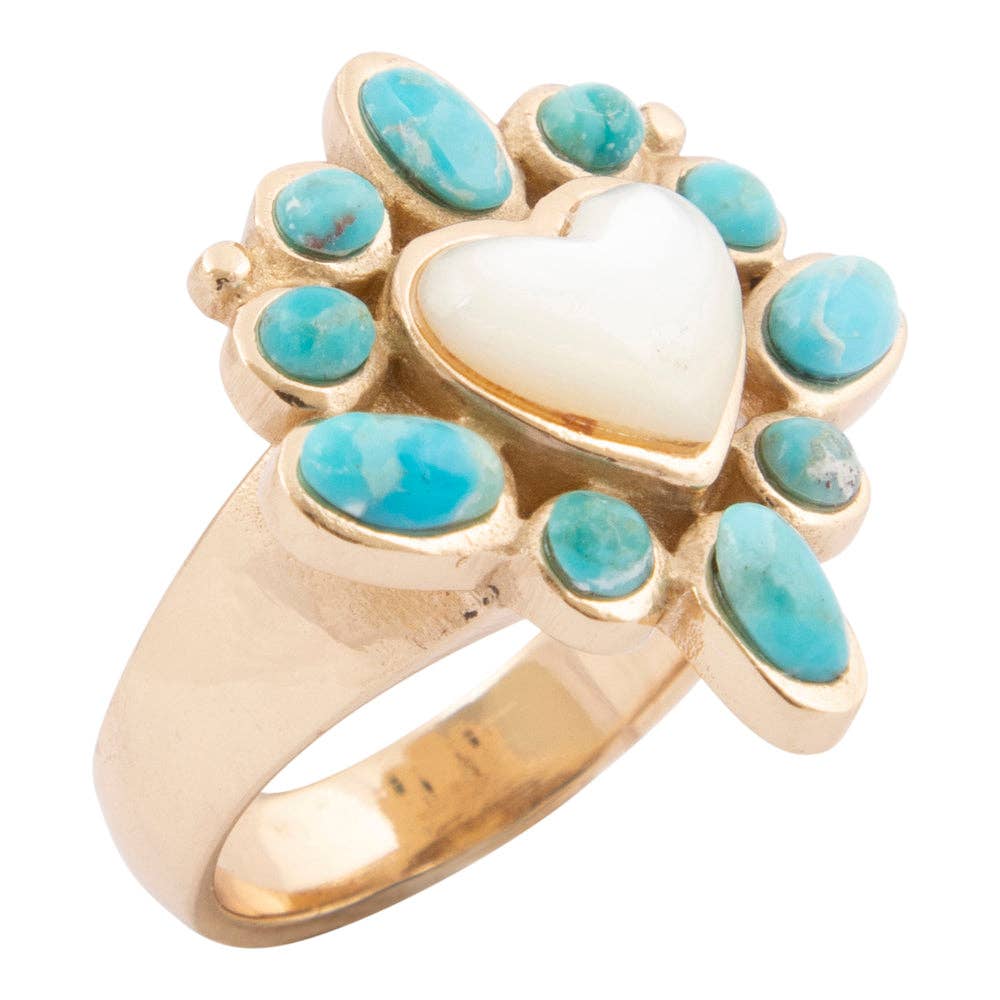 Hearts Surround Blue Turquoise and White Mother of Pearl Golden Ring