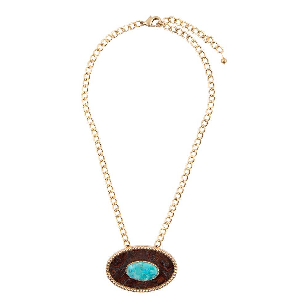 Blue Turquoise Rosette Leather Pendant Golden Chain Necklace