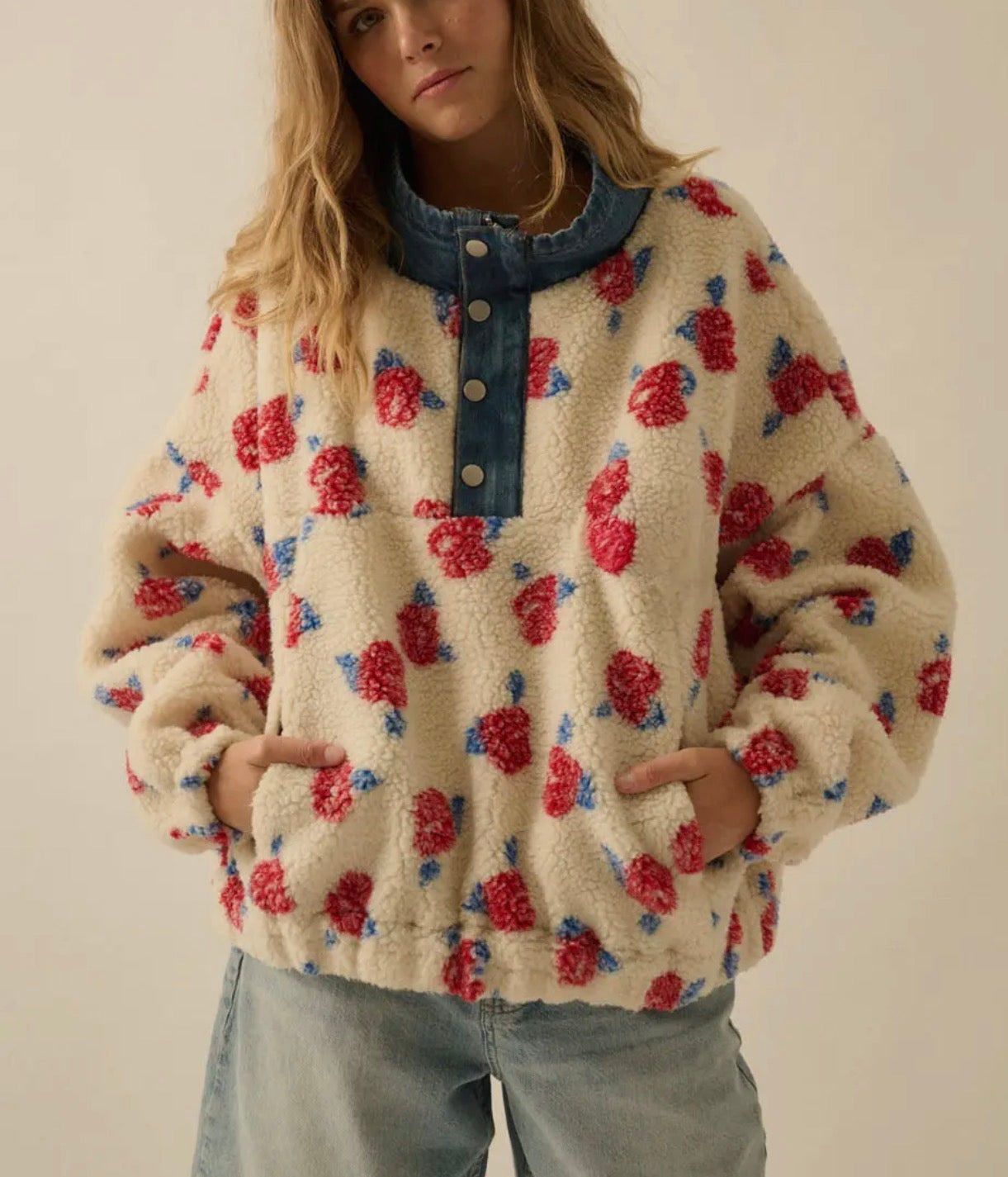 Floral Fleece & Denim Pullover
