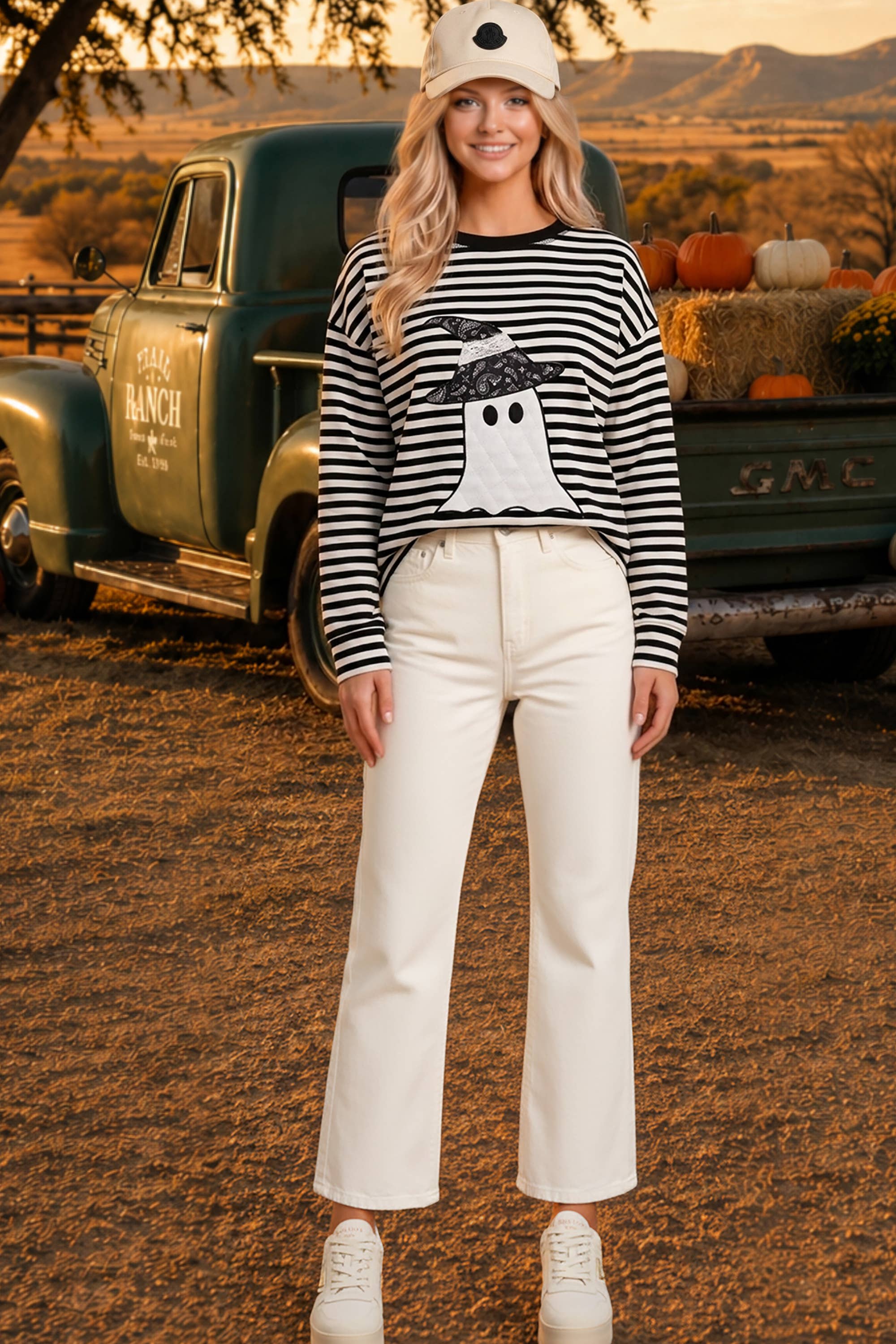 Halloween Ghost Appliqué Striped Long Sleeve Top