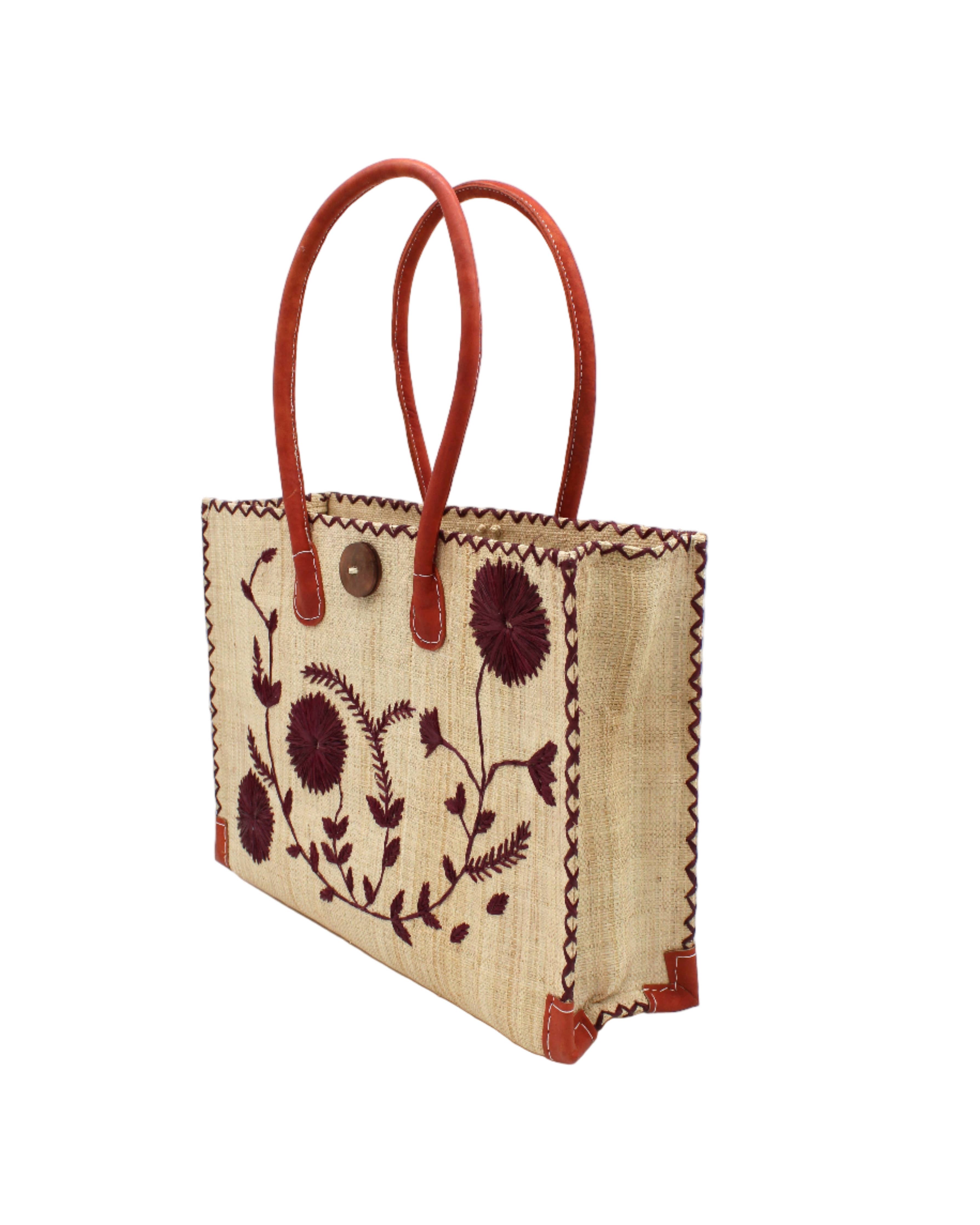 Zafran Small Embroidered Raffia Straw Beach Bag