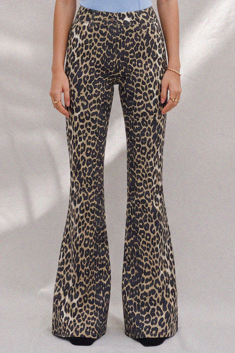 LEOPARD STRETCH DENIM FLARED JEANS