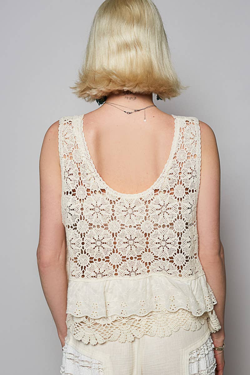 Round Neck Ruffle Embroidered Eyelet Crochet Top