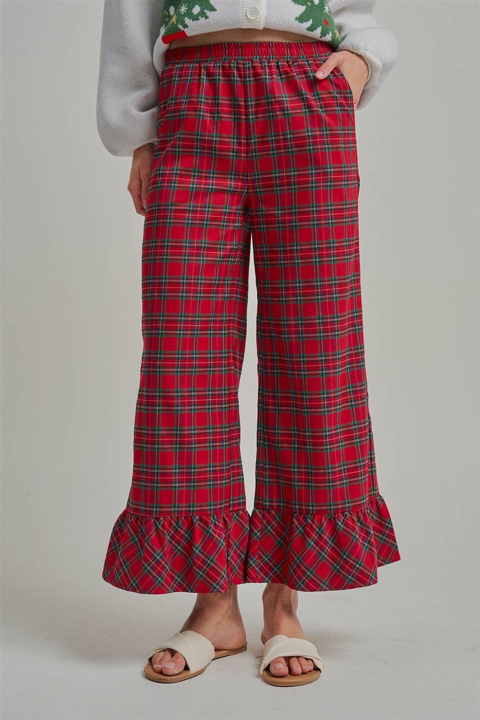 CHRISTMAS PLAID CASUAL WIDE LEG PANTS