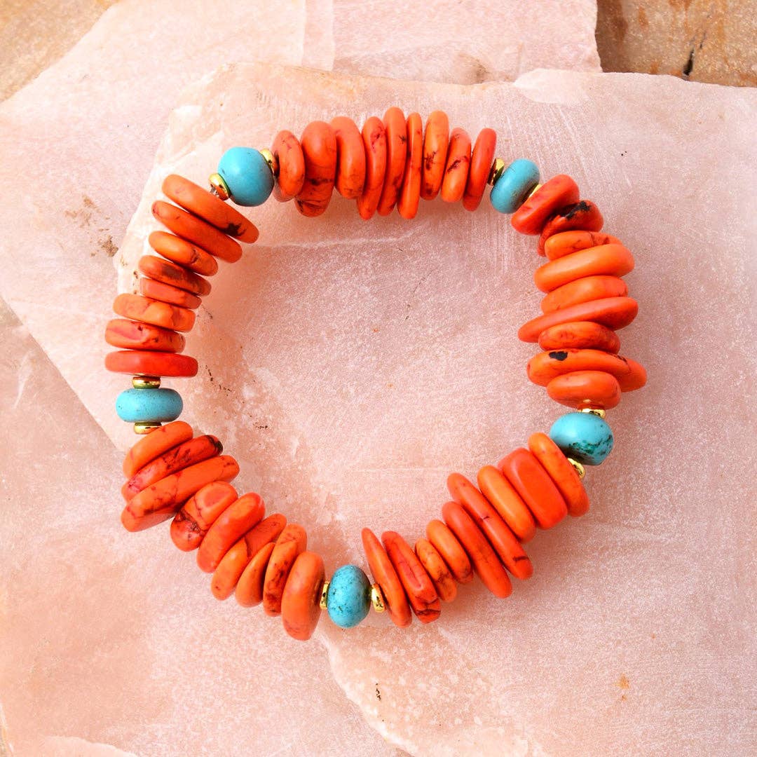 orange　 メタルブレスレット Taos Fiery Orange Jasper With Cool Blue Magnesite Stretch Bracelet