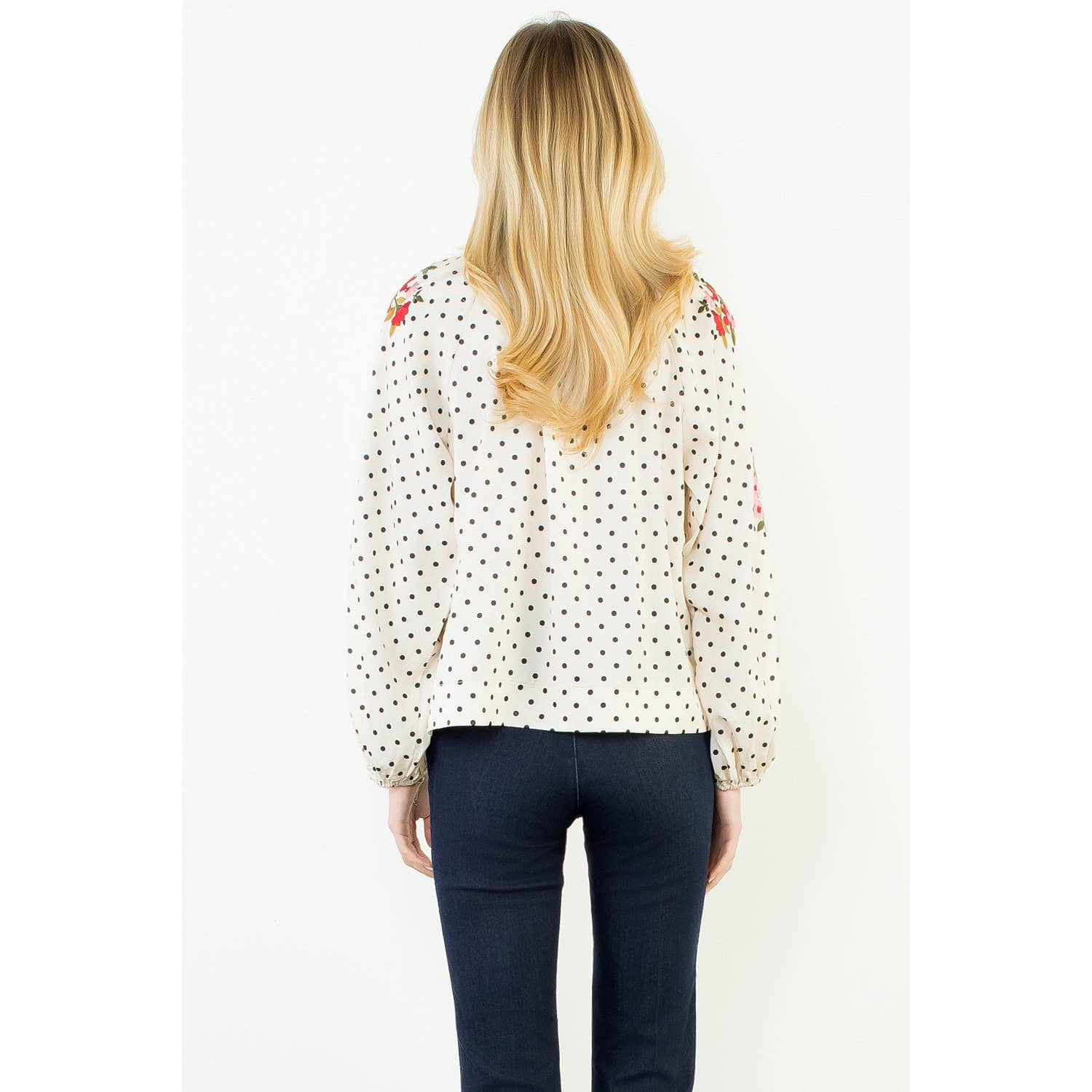 Long Sleeve Embroidery Floral Polka Dot Top