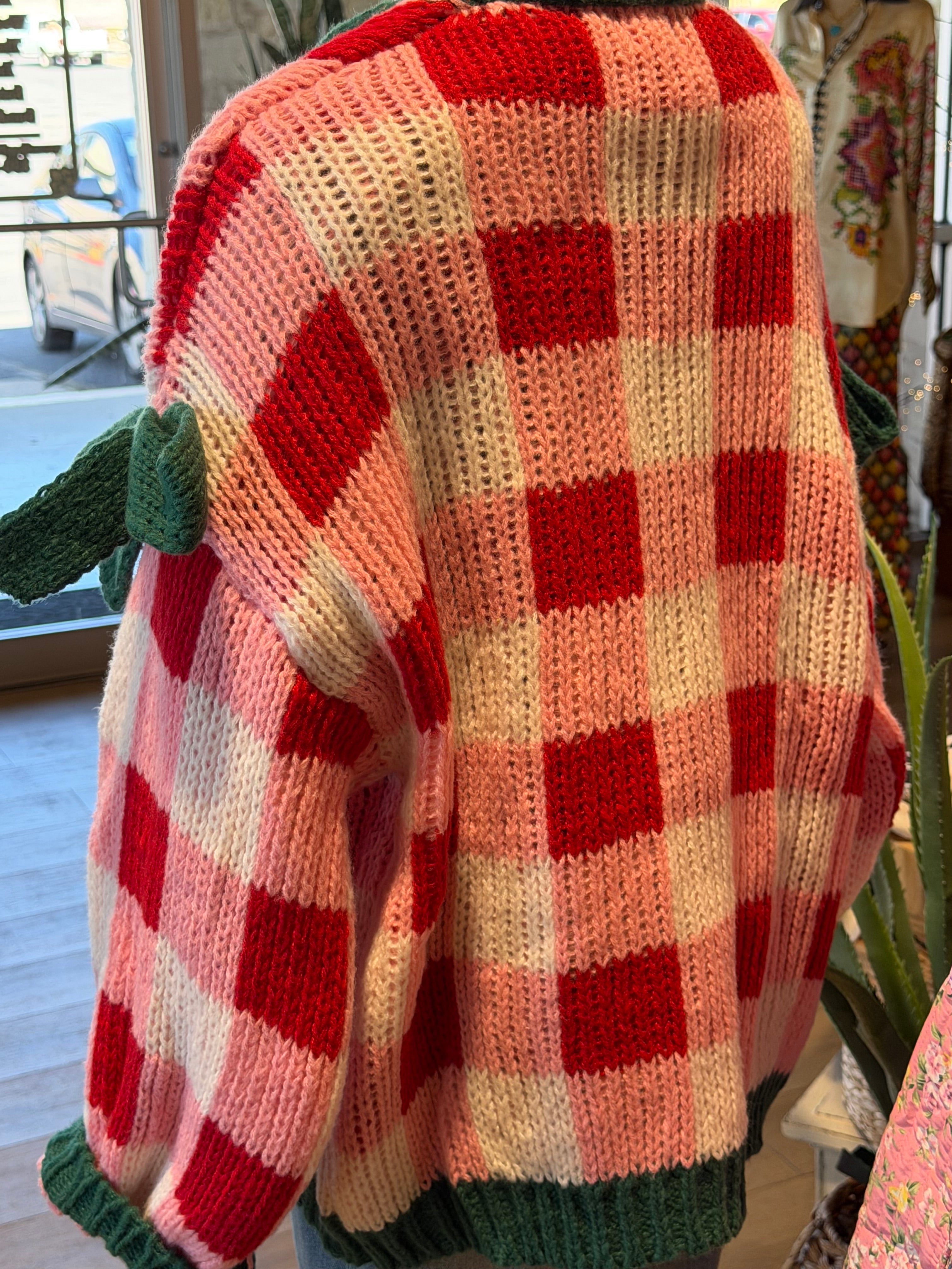Pink/ Red Check Bow Cardigan