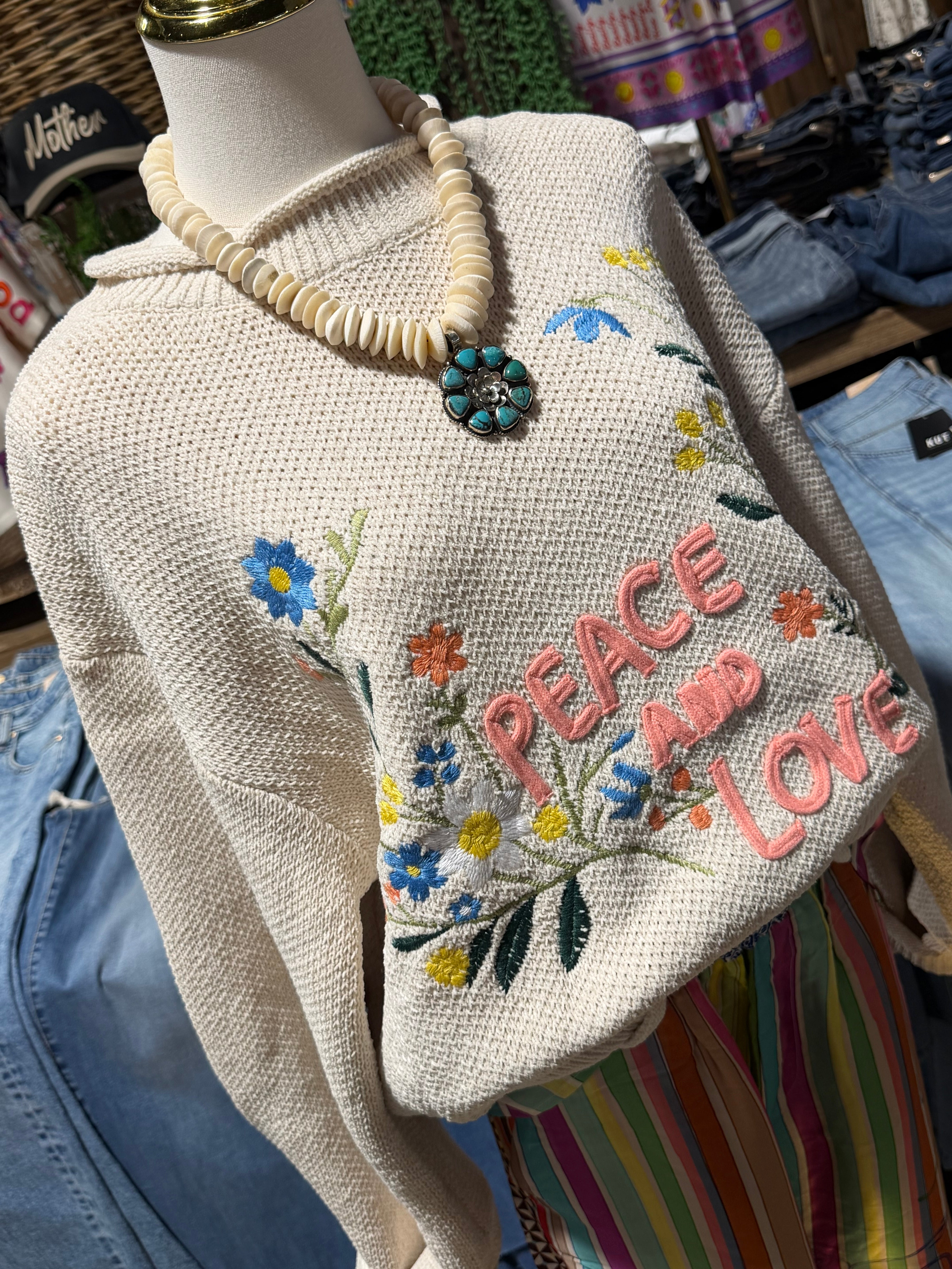 Floral Embroidery Peace Love Vintage Sweater