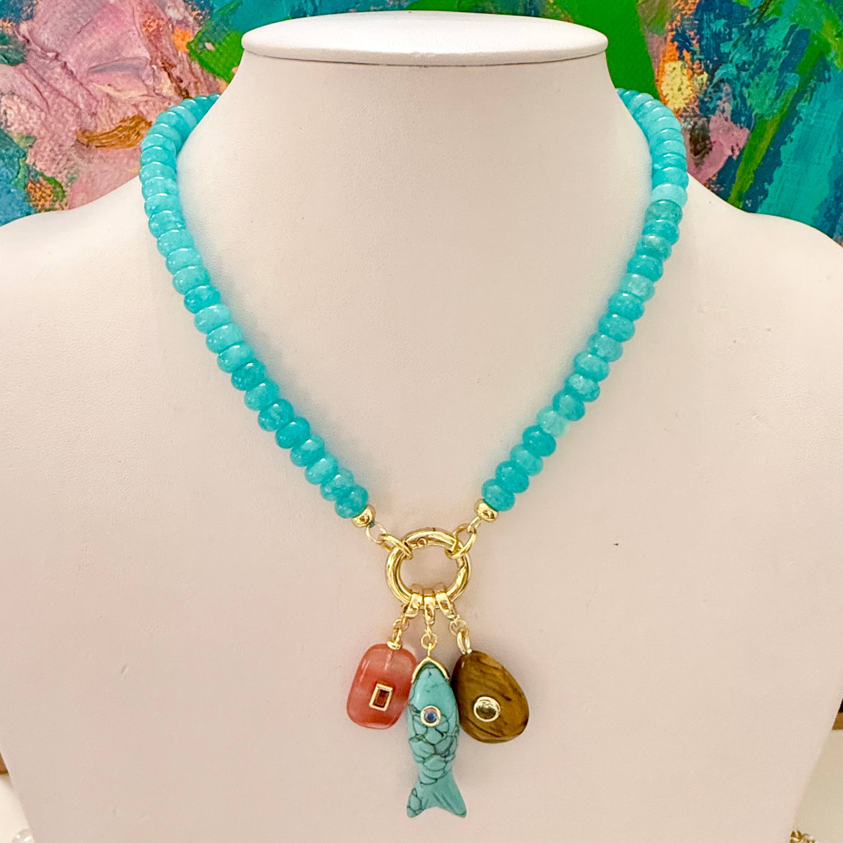 Aqua Beaded Necklace + Multi Gemstone Pendants