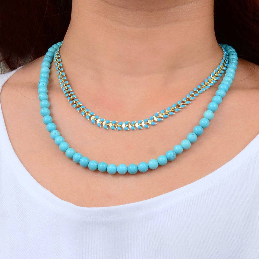 Blue Turquoise Magnesite Layers Golden Chevron Necklace