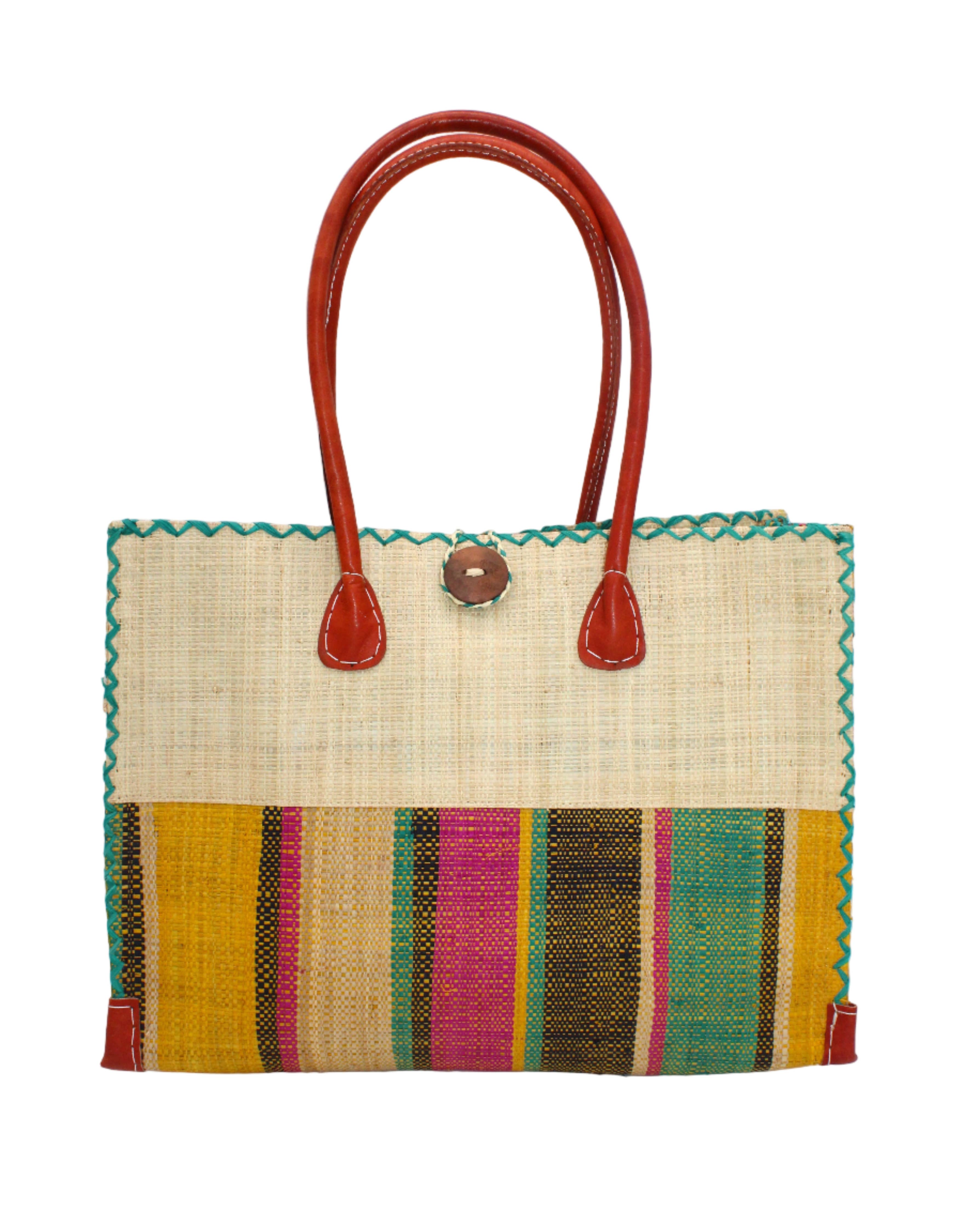 Zafran Two Tone Wide Stripe Raffia Straw Beach Bag - 2 Sizes