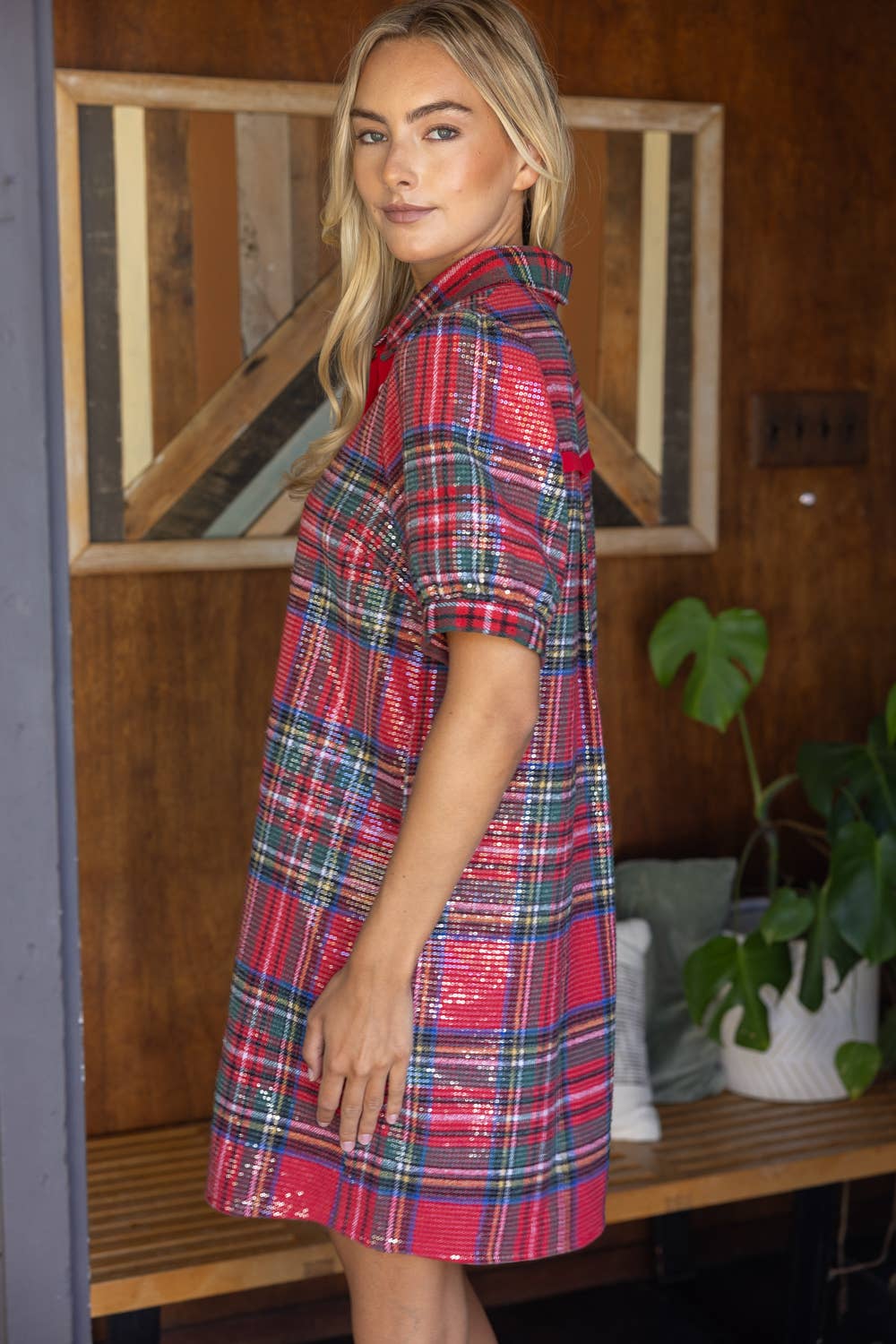 Collared Plaid Sequins Dress