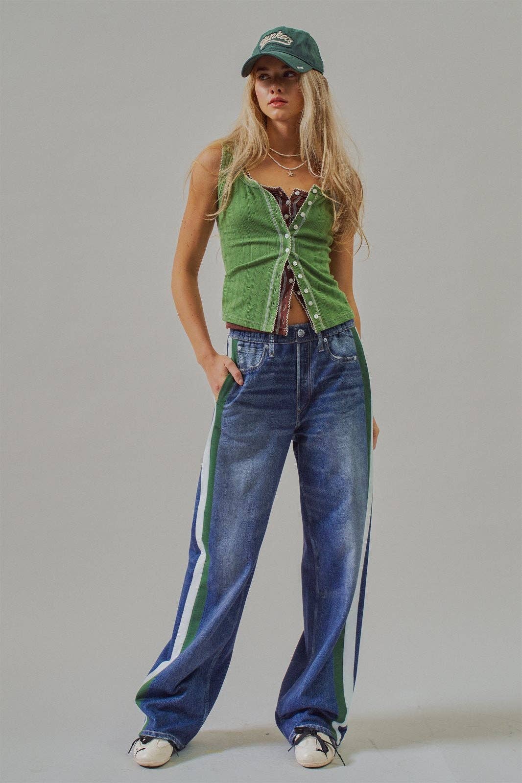 Faux Denim Track Pants With Stripe