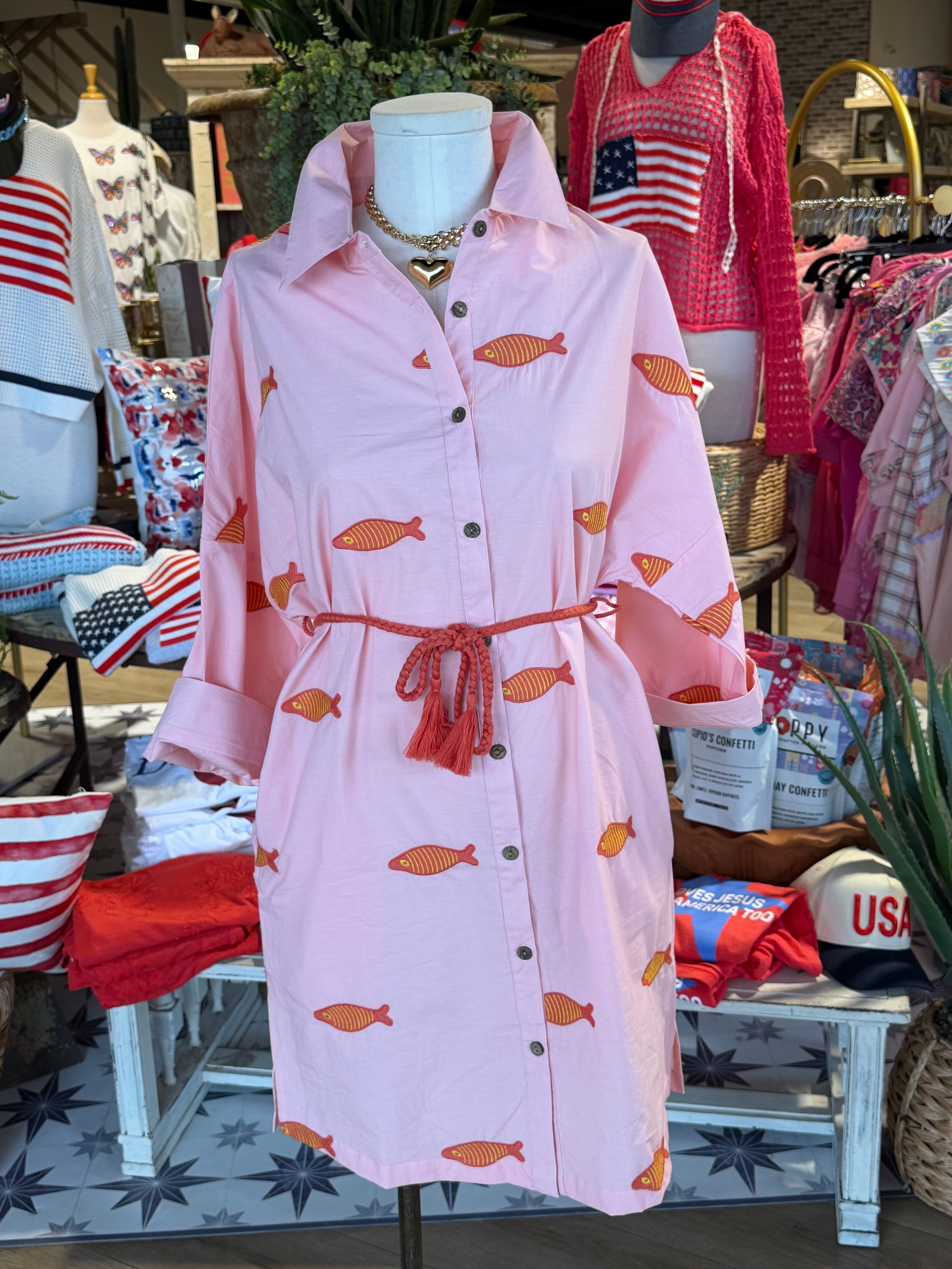 Embroidered Fish Shirtdress