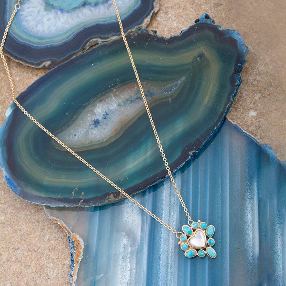Hearts Surround Blue Turquoise and Mother of Pearl Golden Necklace