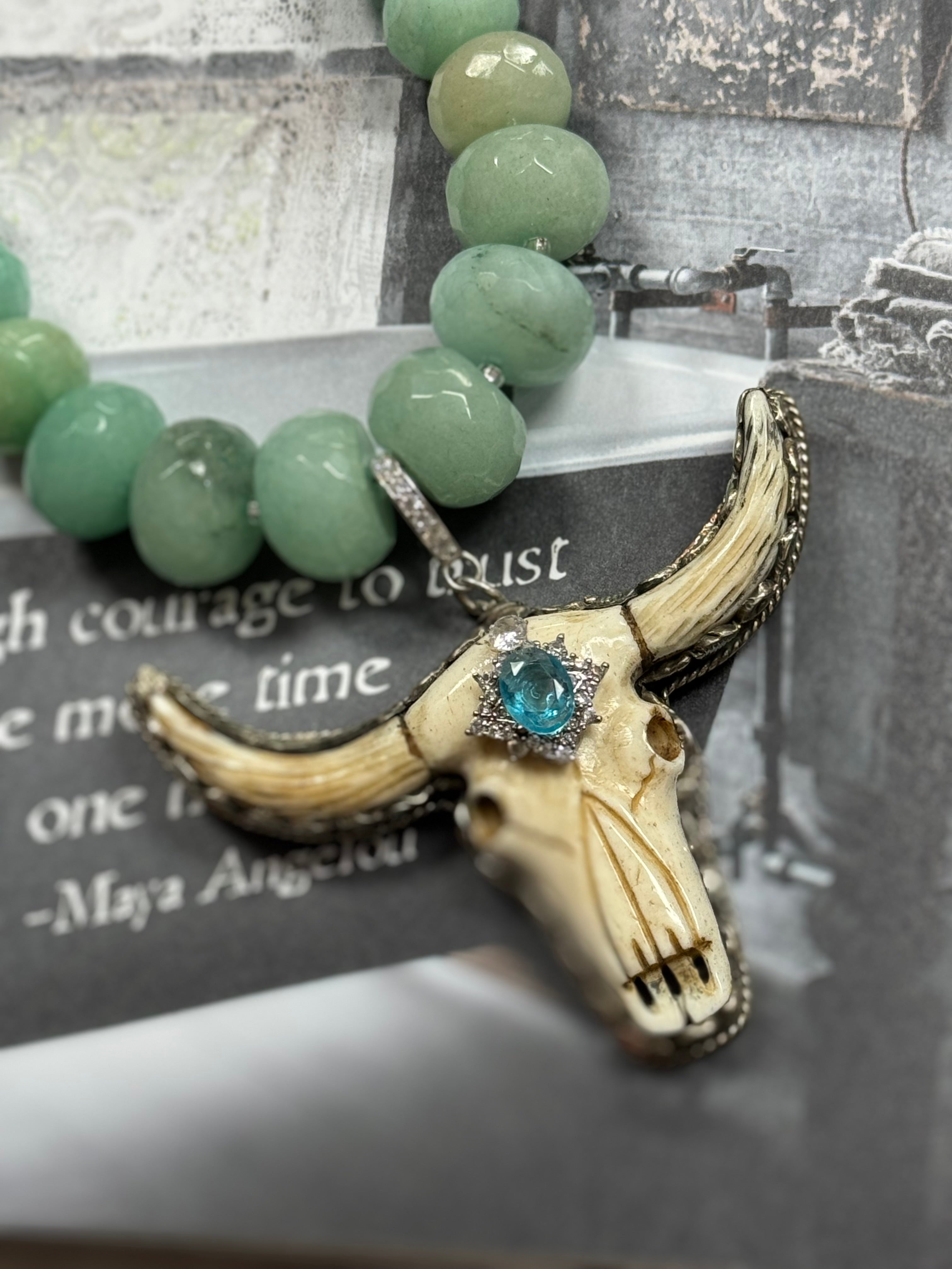 Tourmaline Bone & Silver Steer Necklace