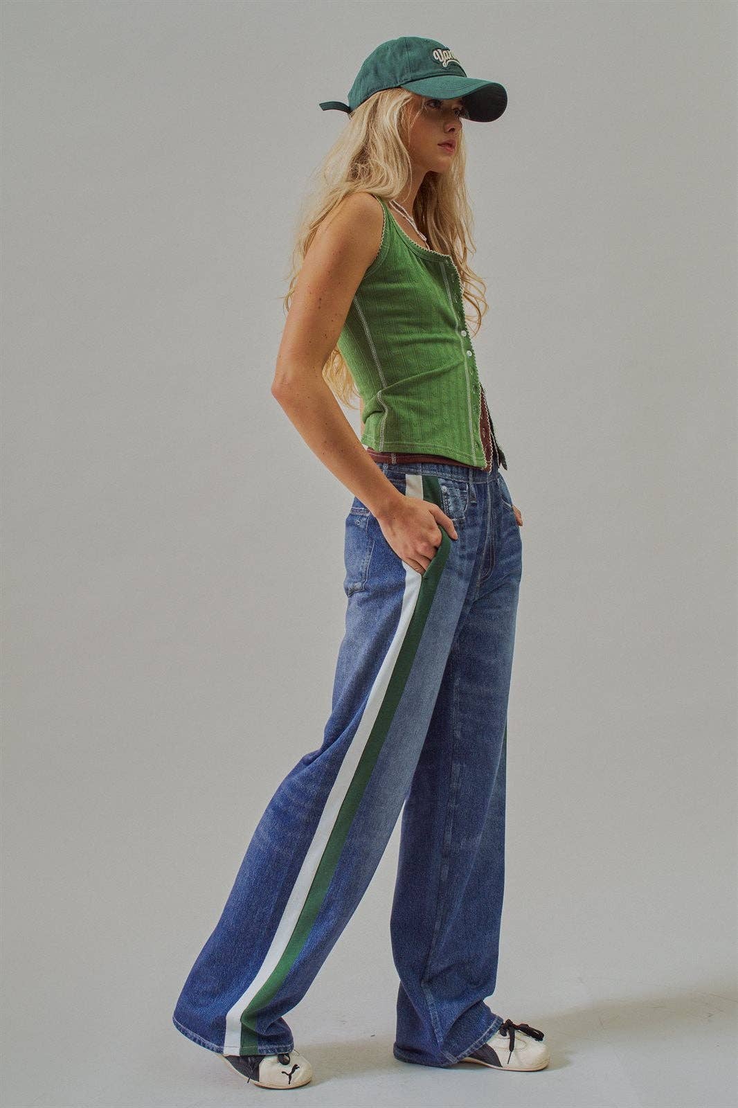 Faux Denim Track Pants With Stripe